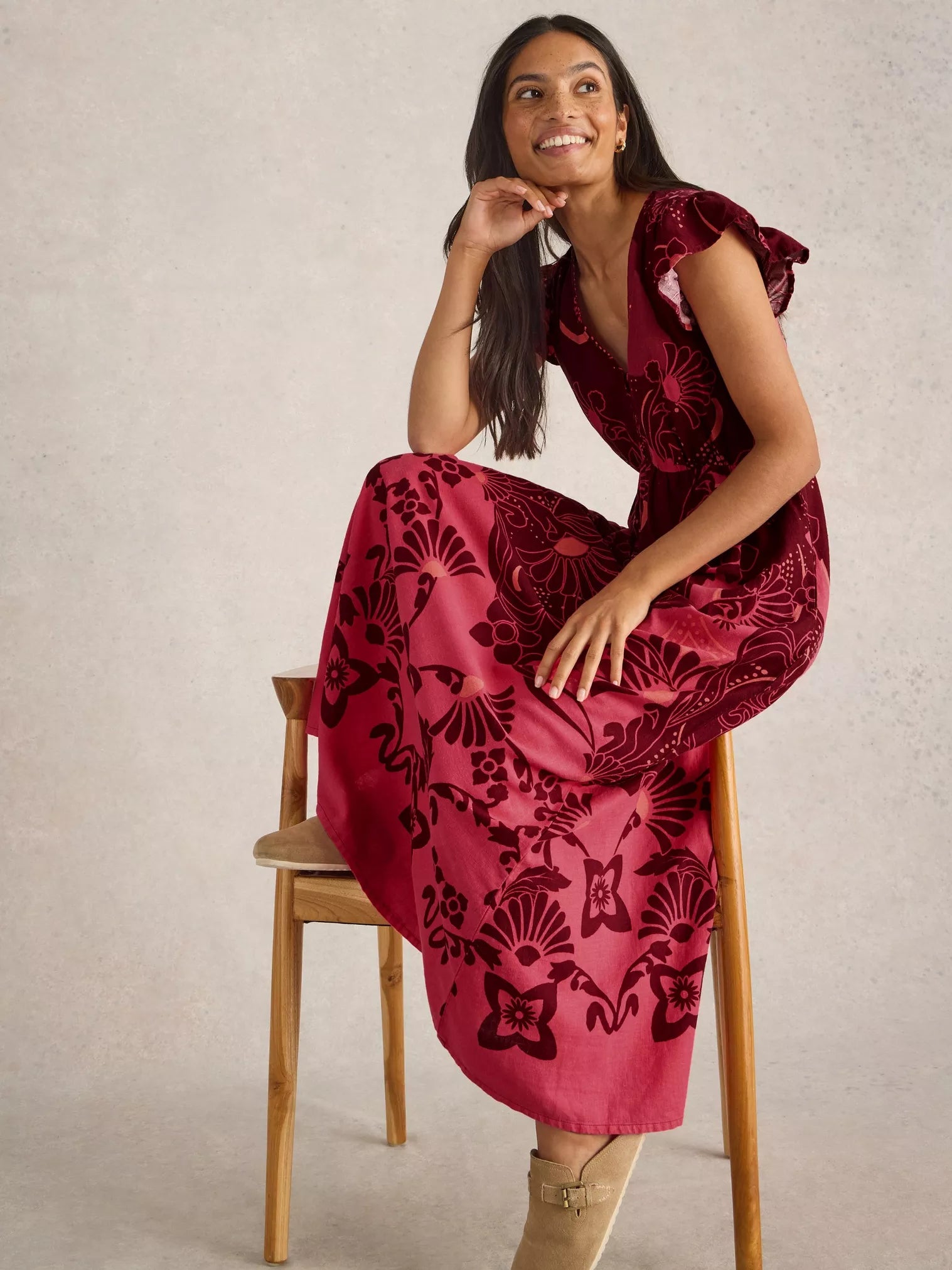 Lorna Merlot Multi Dress for Women - Elegant Floral Print Maxi Dress with Pockets, Perfect for Summer, Beach, Vacation & Casual Outings