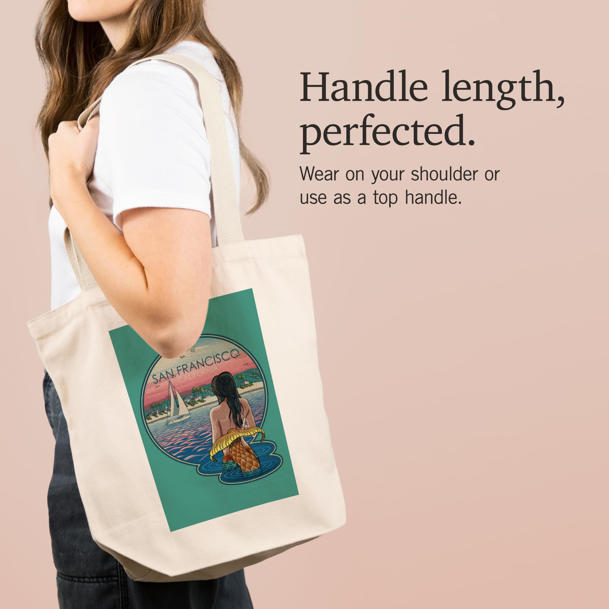 Lantern Press San Francisco California Mermaid Beach Woodblock Print - 100% Cotton Canvas Reusable Tote Bag for Shopping, Beach Trips & Eco-Friendly Lifestyle