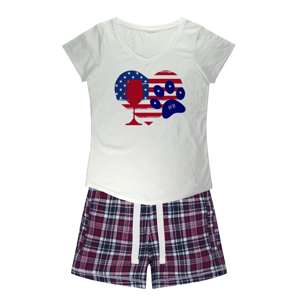 WineyBitches.Co American Wine Heart Paw Print Sleep T-Shirt & Flannel Shorts Set - Cute Pajamas for Women, Girls Night In, Wine Lovers Gift
