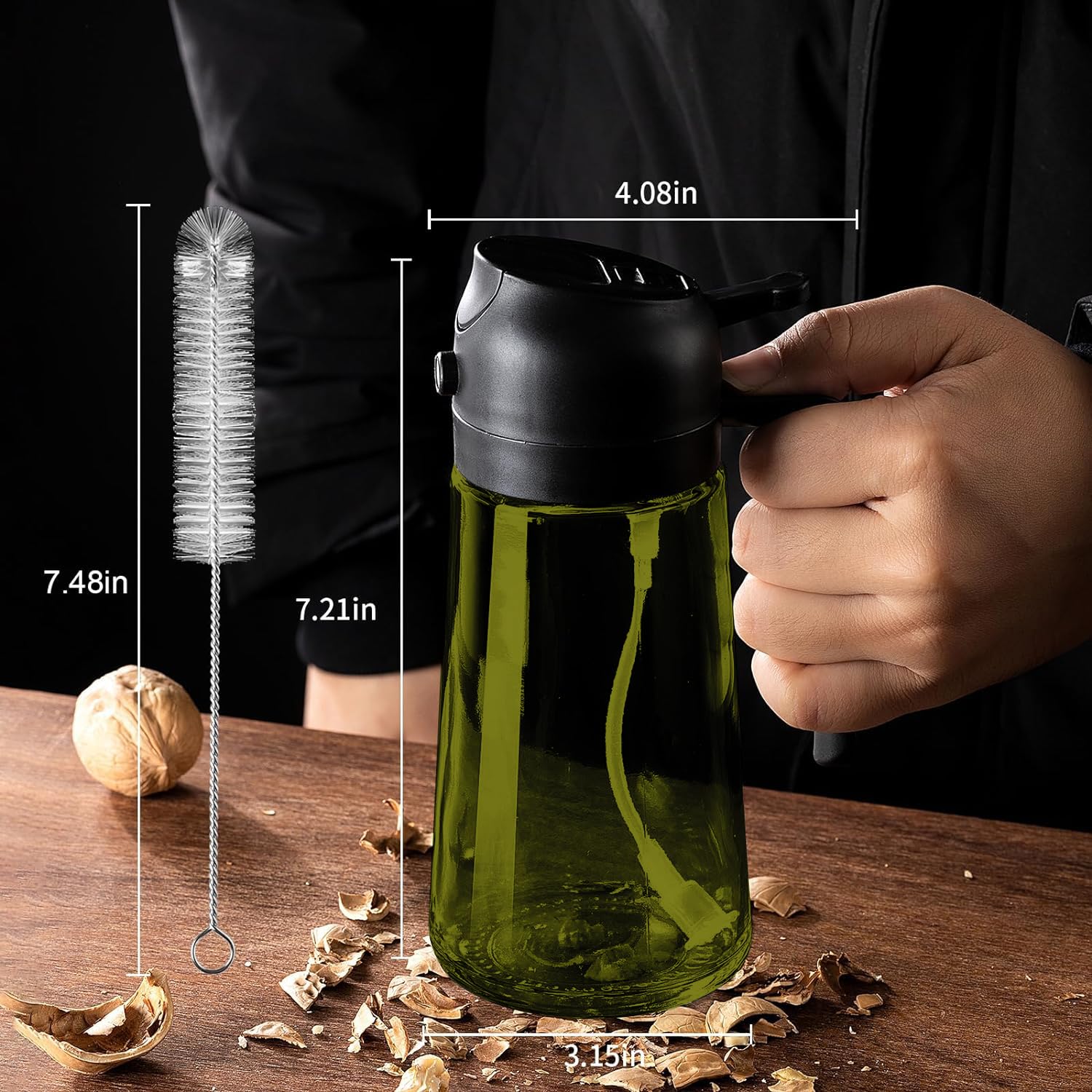 16oz (470ml) Olive Oil Dispenser & Sprayer Bottle - 2-in-1 Kitchen Oil Container with Brush - Lightproof Design for Cooking, Grilling, Salad Dressing & Baking - Perfect for Olive, Vegetable & Coconut Oils