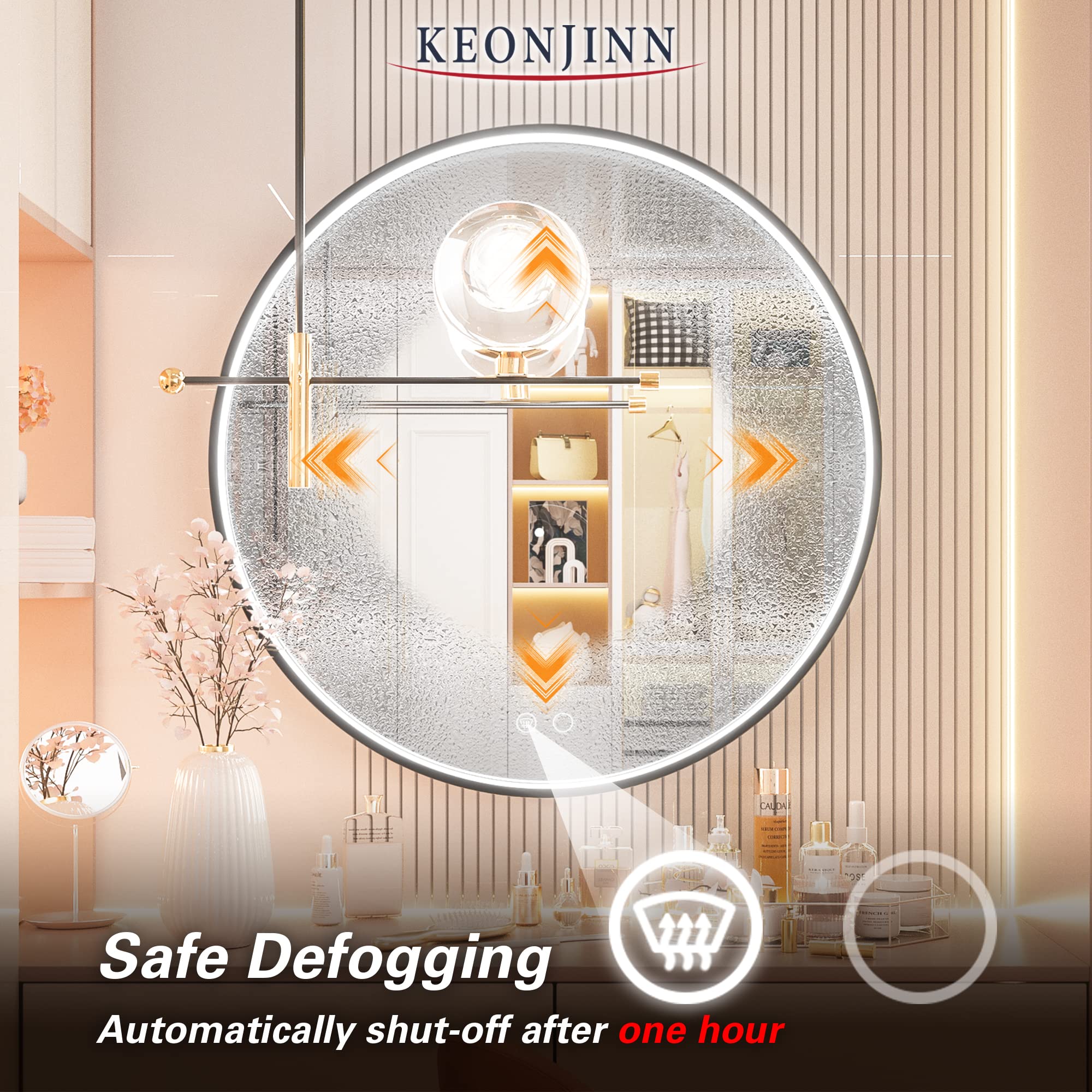 Keonjinn 24 Inch Round LED Bathroom Mirror with Dimmable Frontlit Lights - Black Metal Framed Wall Mirror with Defogging Function - 6000K White Light Vanity Makeup Mirror for Bathroom, Bedroom & Dressing Room