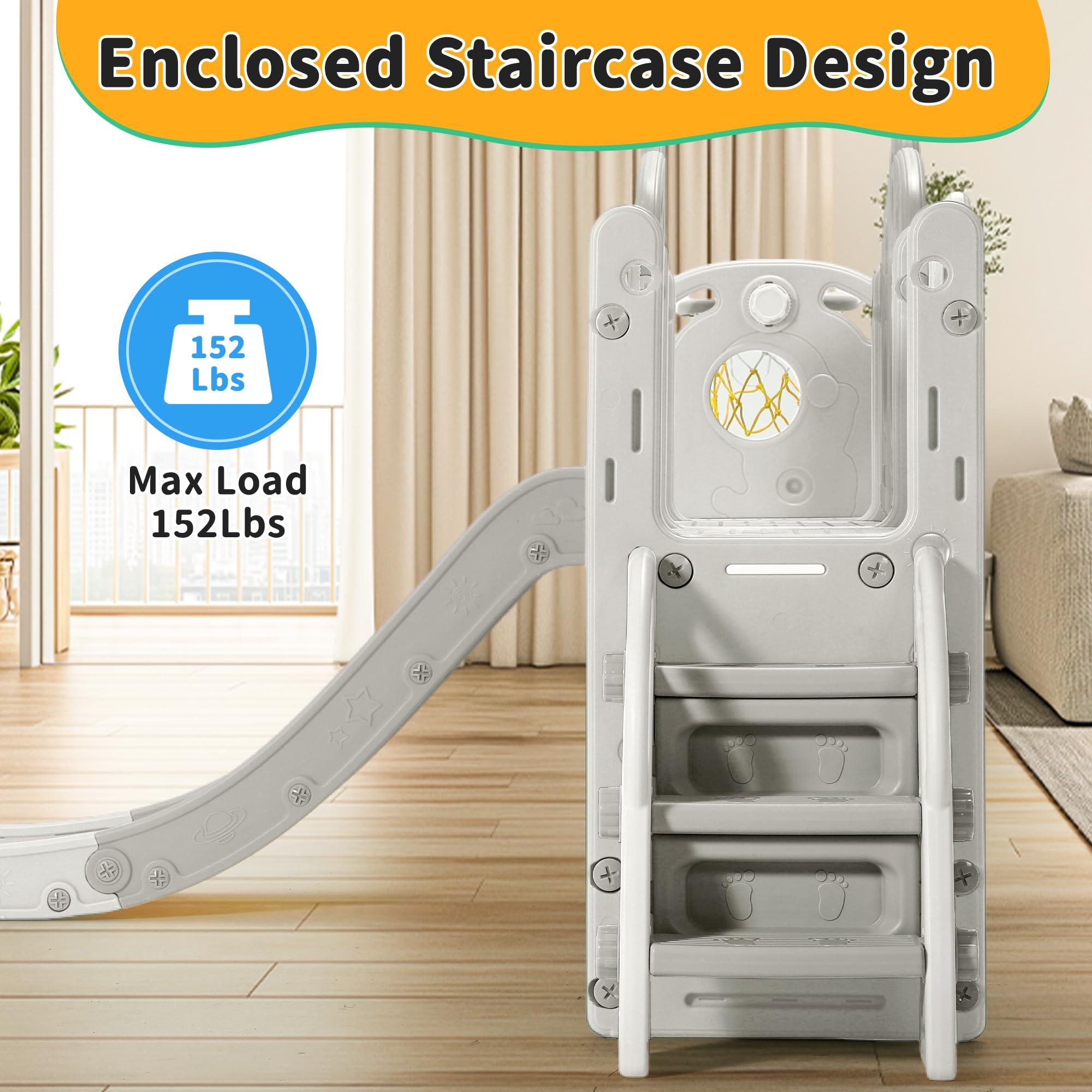 8-in-1 Toddler Slide Playset for Kids Ages 1-3 | Indoor/Outdoor Baby Slide with Basketball Hoop & Telescope | Fun Playground Toy for Toddlers (White) - Perfect for Backyards, Playrooms & Daycare Centers