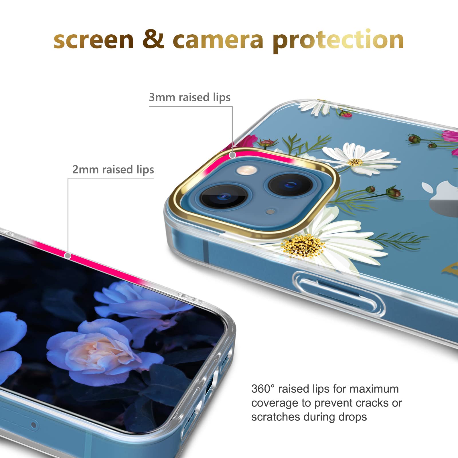 JAHOLAN iPhone 13 Case 6.1 Inch - Clear Shockproof Hard Back Cover with Floral Glitter Design, Butterfly Gold Pattern for Women & Girls | Perfect for Everyday Use, Gift Giving & Fashion Protection