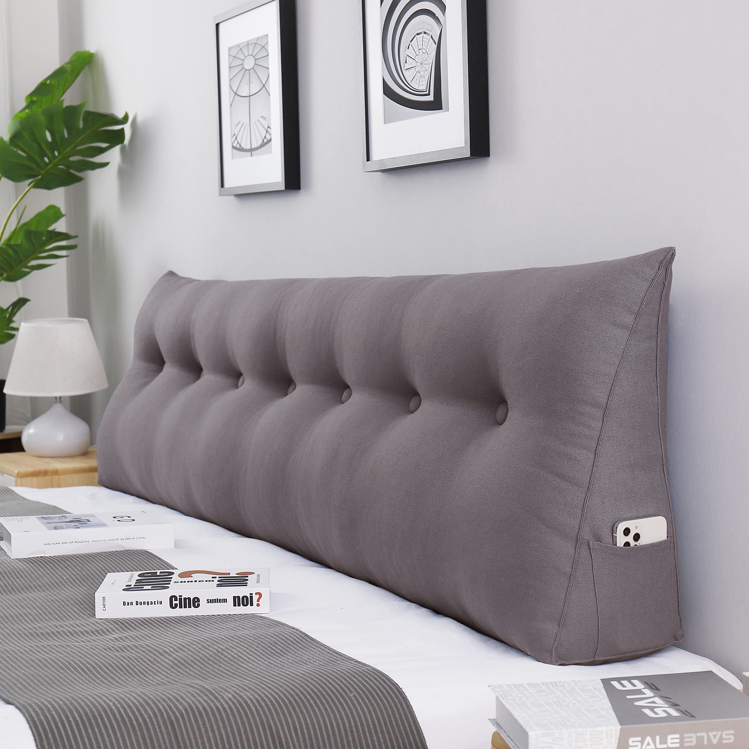 Johnear Cotton Linen Wedge Pillow for Bed - Large Triangular Backrest Cushion with Soft Filling, Support for Headboard, Reading, Shoulder & Lumbar (Brown, King Size) - Perfect for Daybeds, Sofas and Home Comfort