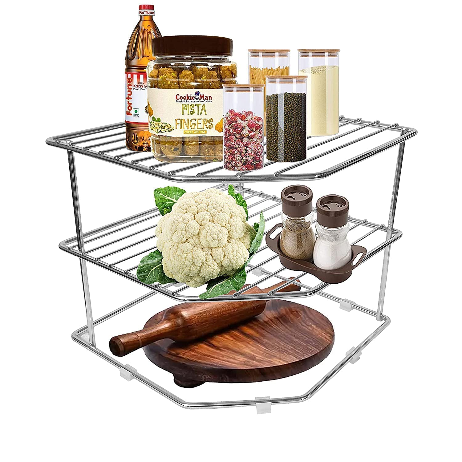 CR18 COLLECTION 3-Tier Stainless Steel Corner Storage Rack - Space Saving Kitchen Organizer for Plates, Dishes & Spices | Perfect for Small Kitchens, Pantries & Bathroom Storage