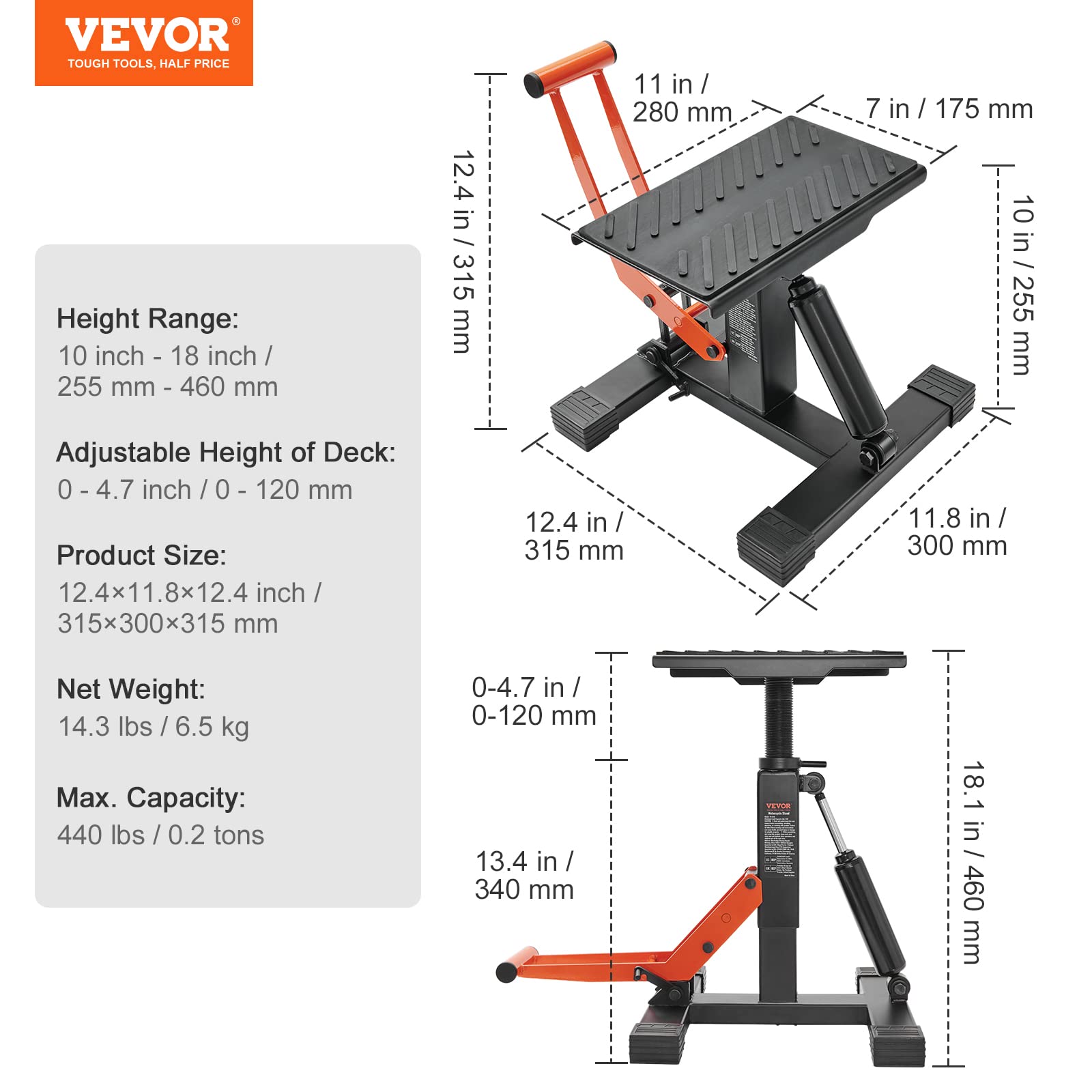VEVOR Hydraulic Motorcycle Lift Stand - 440 lbs Capacity Adjustable Height Dirt Bike Jack for Pit Bike Repair & Maintenance | Heavy-Duty Hoist Table for Garage, Workshop & Off-Road Bike Accessories