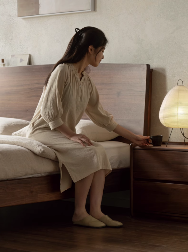 Black Walnut Solid Wood Bed Frame - Wabi Sabi Style Minimalist Bedroom Furniture for Zen & Japandi Home Decor