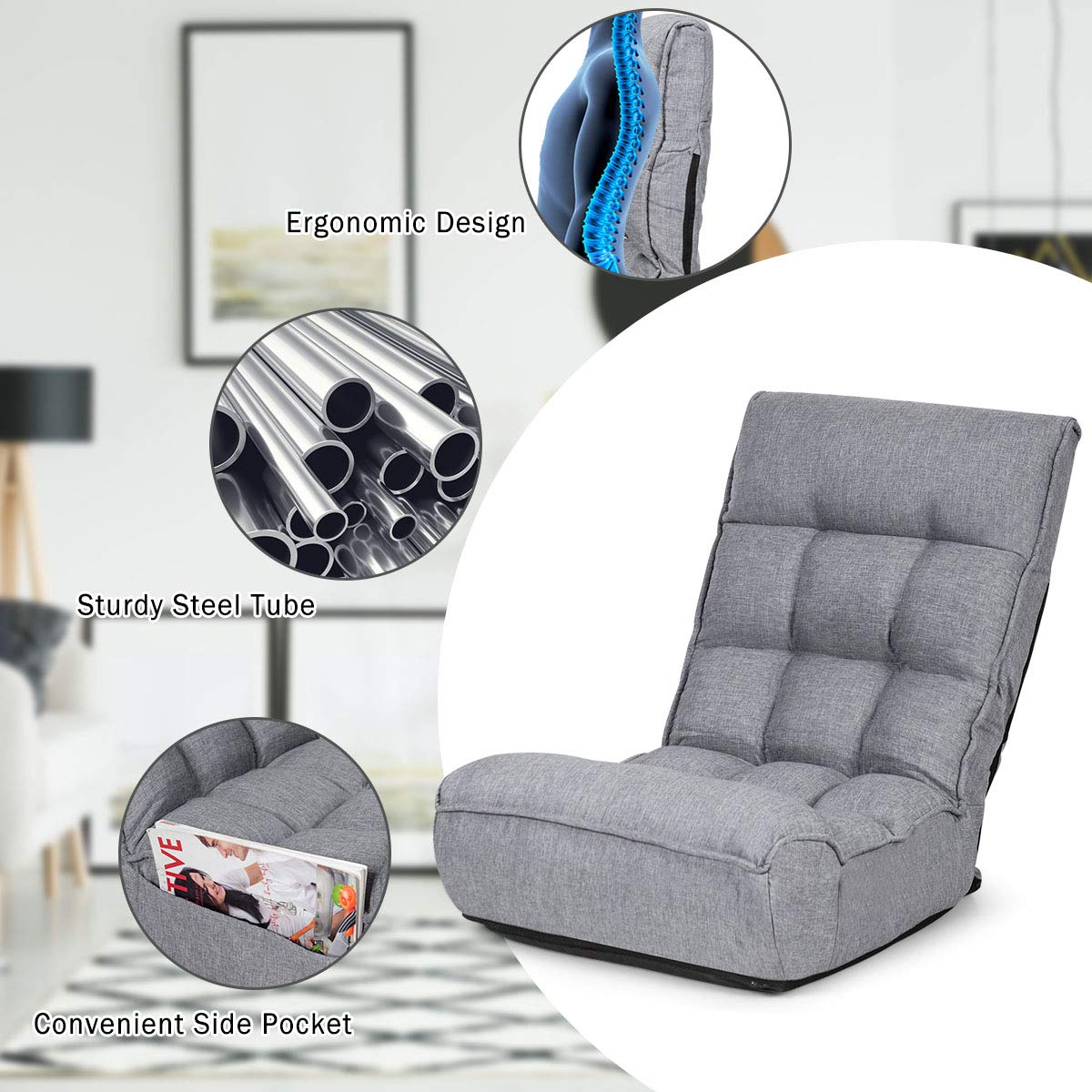 AFSTAR Adjustable Floor Gaming Chair with Headrest & Backrest - 5-Position Reclining, Thick Cushion & Side Pocket - Comfortable Folding Seat for Living Room, Bedroom, Dorm - Perfect for Gaming, Reading & Relaxing