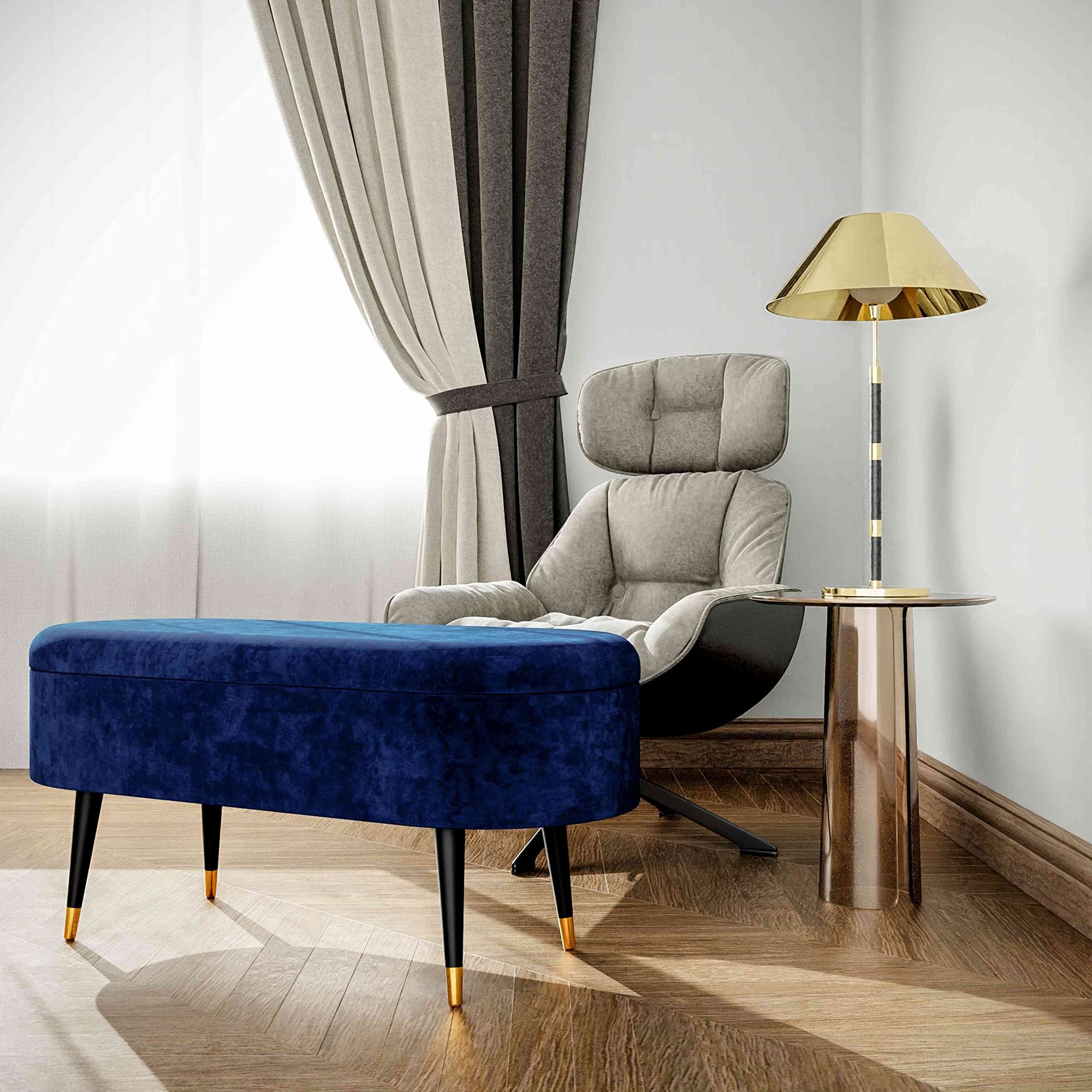 Cortesi Home Ruslan Navy Blue Oval Storage Ottoman - Upholstered Footrest Bench with Hidden Storage for Living Room, Bedroom & Entryway