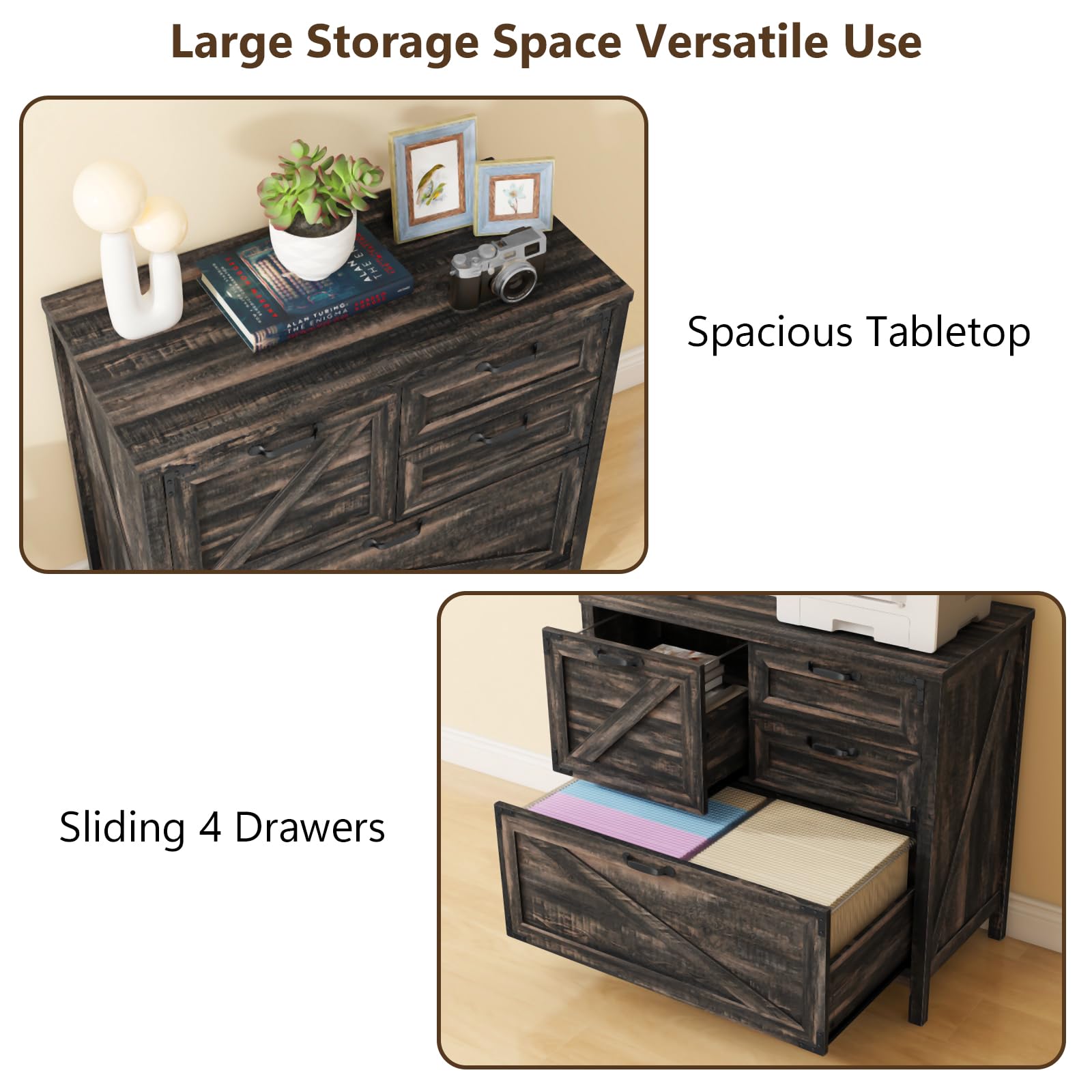 4-Drawer Farmhouse Lateral File Cabinet for Letter/Legal/A4 Hanging Files - Rustic Oak Wood Storage Cabinet with Printer Stand - Perfect for Home Office Organization & Document Storage
