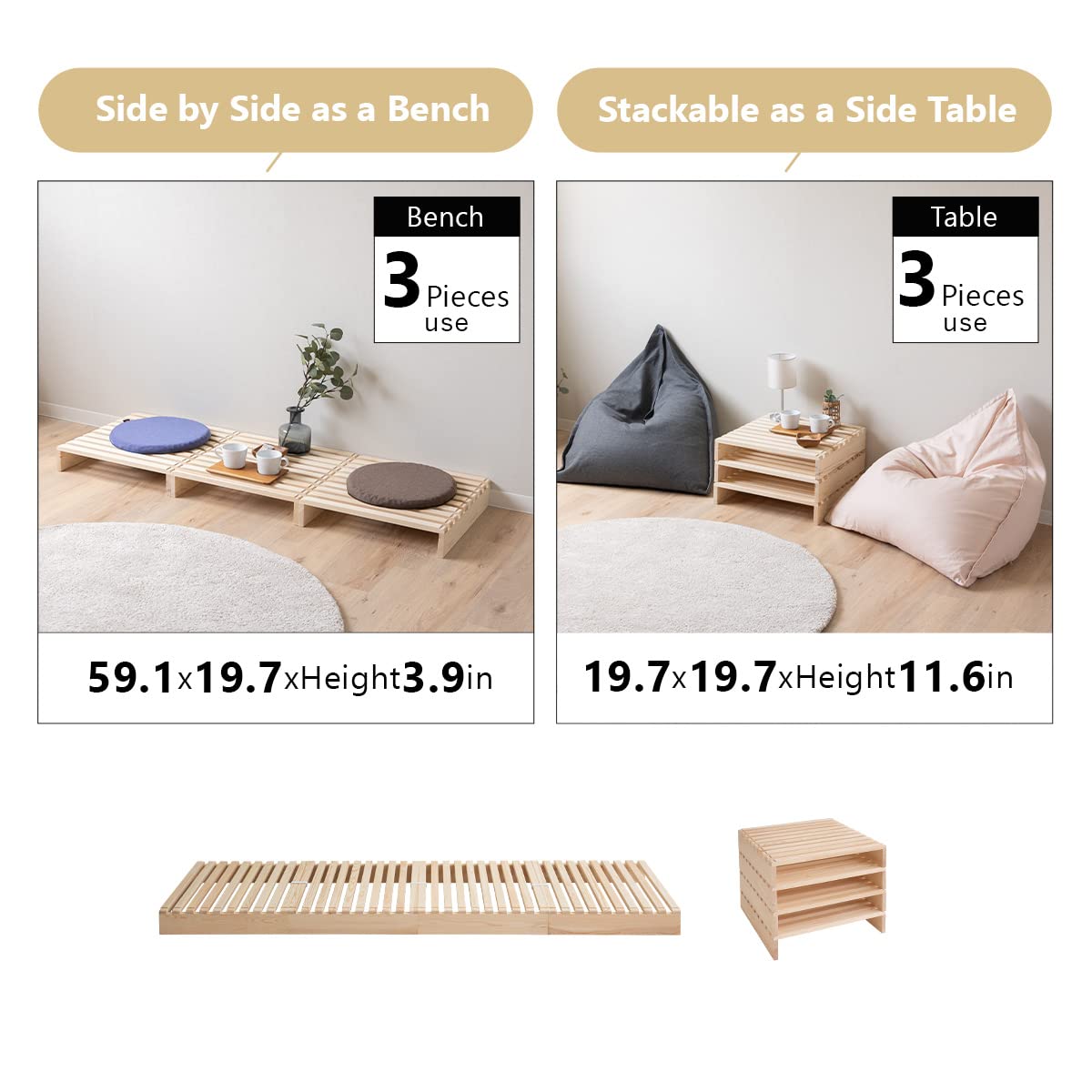 EMOOR 4-Piece Pine Wood Pallet Bed Slats for Japanese Futon Mattress - Natural Wood Floor Sleeping Support for Tatami Mat - Perfect for Minimalist & Space-Saving Bedroom Designs