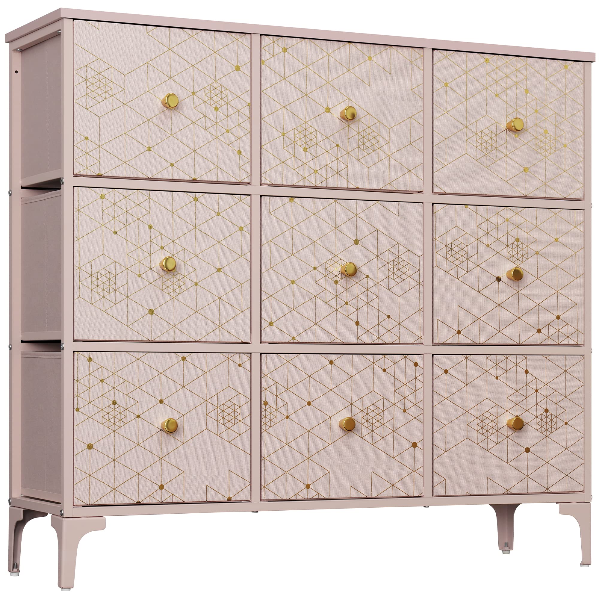 Modern Pink Dresser for Bedroom with 9 Drawers - Golden Line Design Kids Chest of Drawers for Girls Nursery | Sturdy Steel Frame & Wooden Top | Perfect for Baby Room Organization & Storage
