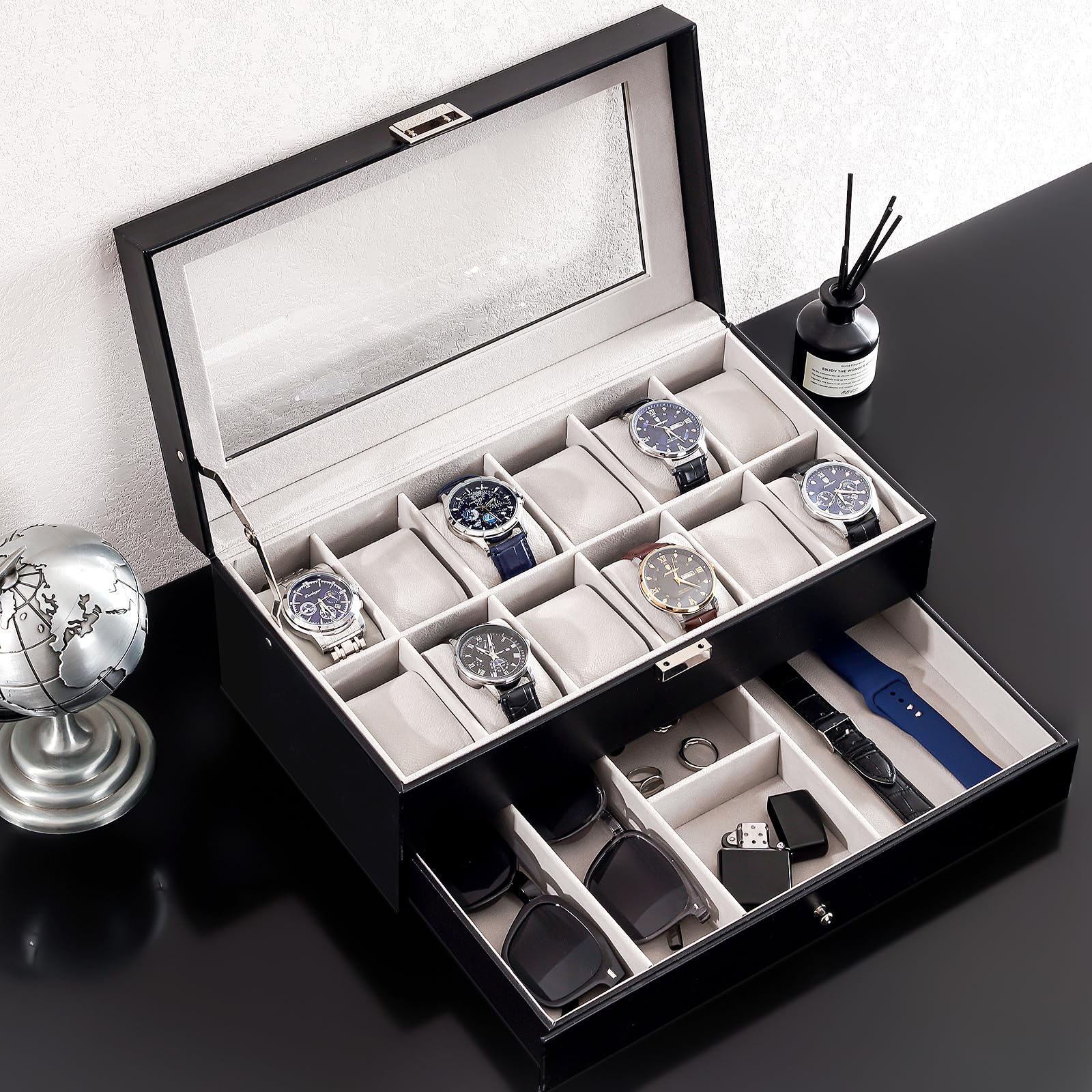 ProCase 12-Slot Watch Box for Men & Women - 2-Layer Watch Organizer with Glass Lid & Drawer - Premium Watch Display Case for Jewelry & Watch Storage - Perfect for Travel, Home Display & Gift Giving
