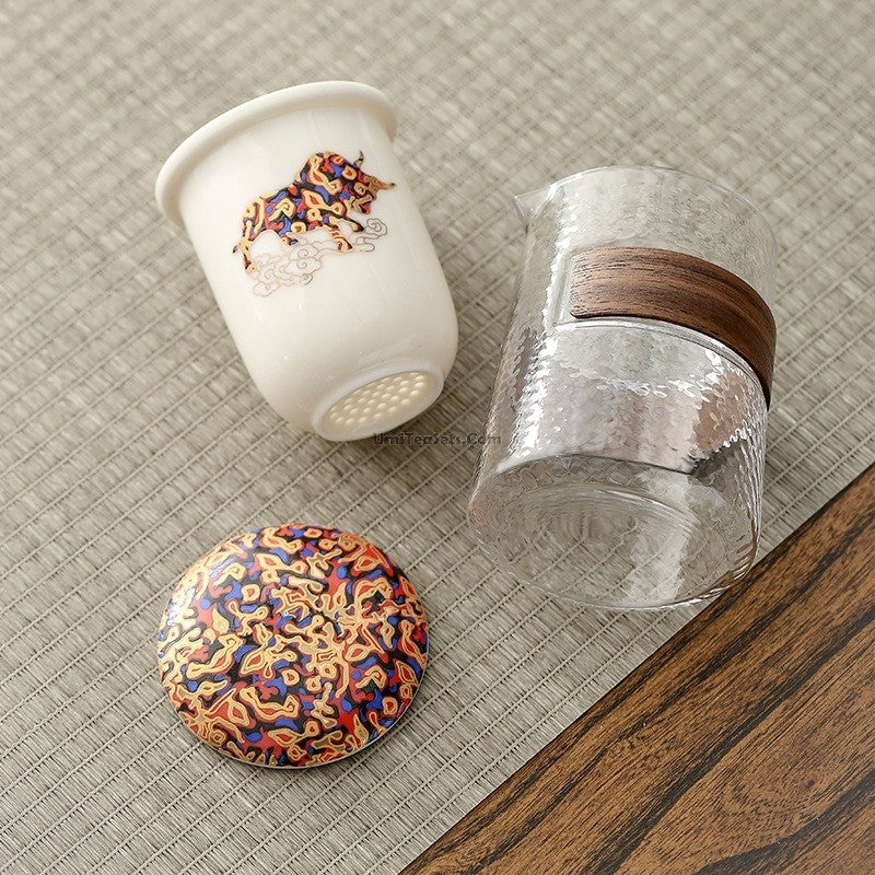 Elegant Glass and Porcelain Deer Travel Tea Set - Portable Tea Cup with Lid for Camping, Picnics & Gifts - Perfect for Outdoor Adventures and Tea Lovers