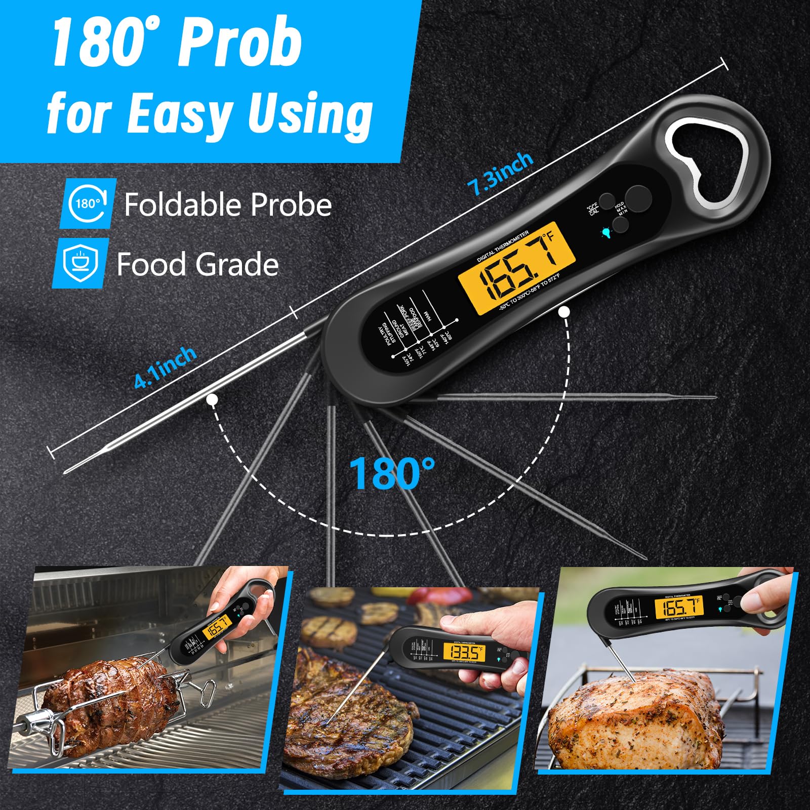 Digital Meat Thermometer with Instant Read - Accurate Cooking & Grilling Food Thermometer for BBQ, Turkey, Candy, Liquids - Features Backlight, Bottle Opener & Calibration - Perfect Kitchen Gadget for Home Chefs & Outdoor Cooking