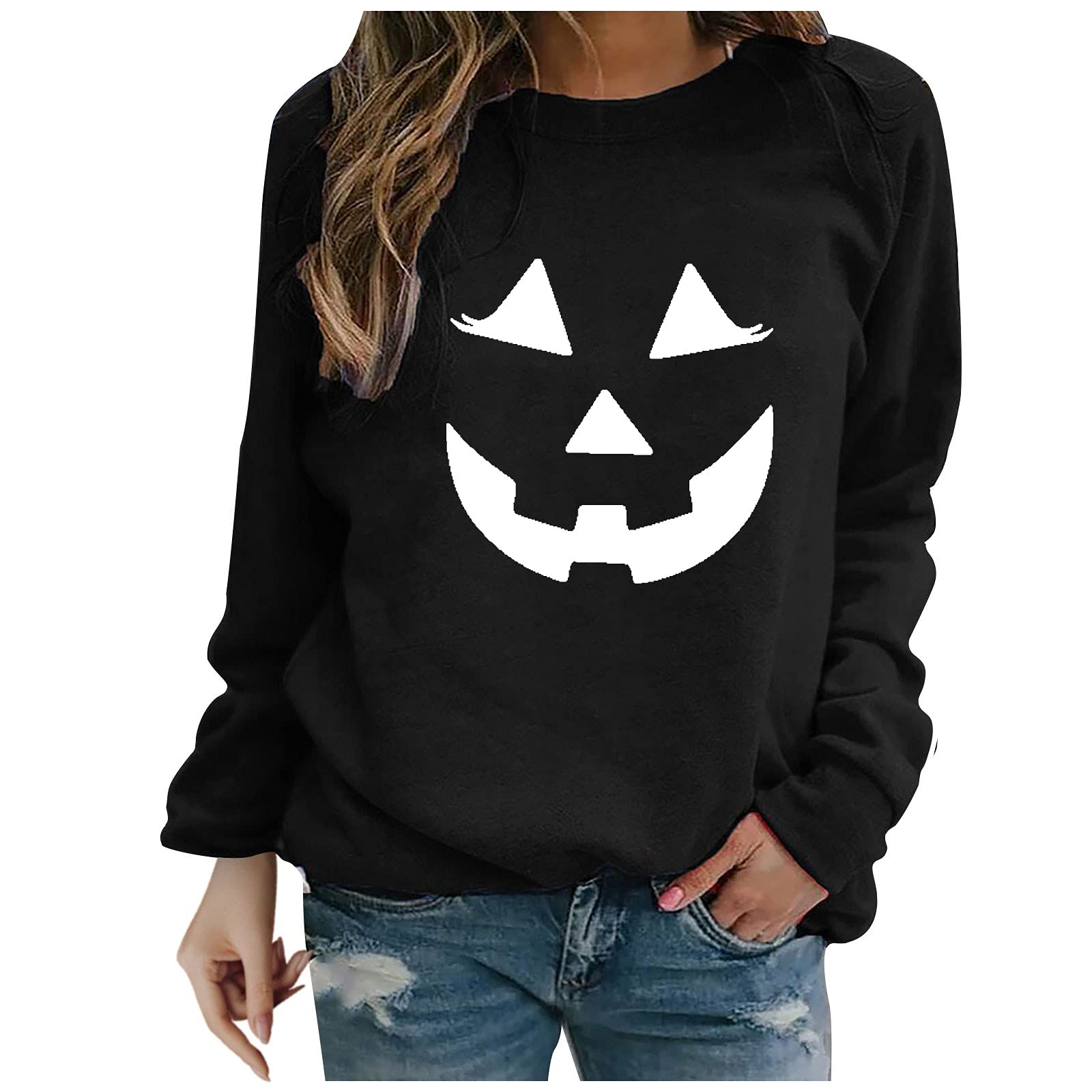 Haoreekz Women's Halloween Costume Fleece Sweatshirt - Loose Fit Printed Round Neck Long Sleeve Blouse Top for Halloween Party, Cosplay & Fall Fashion