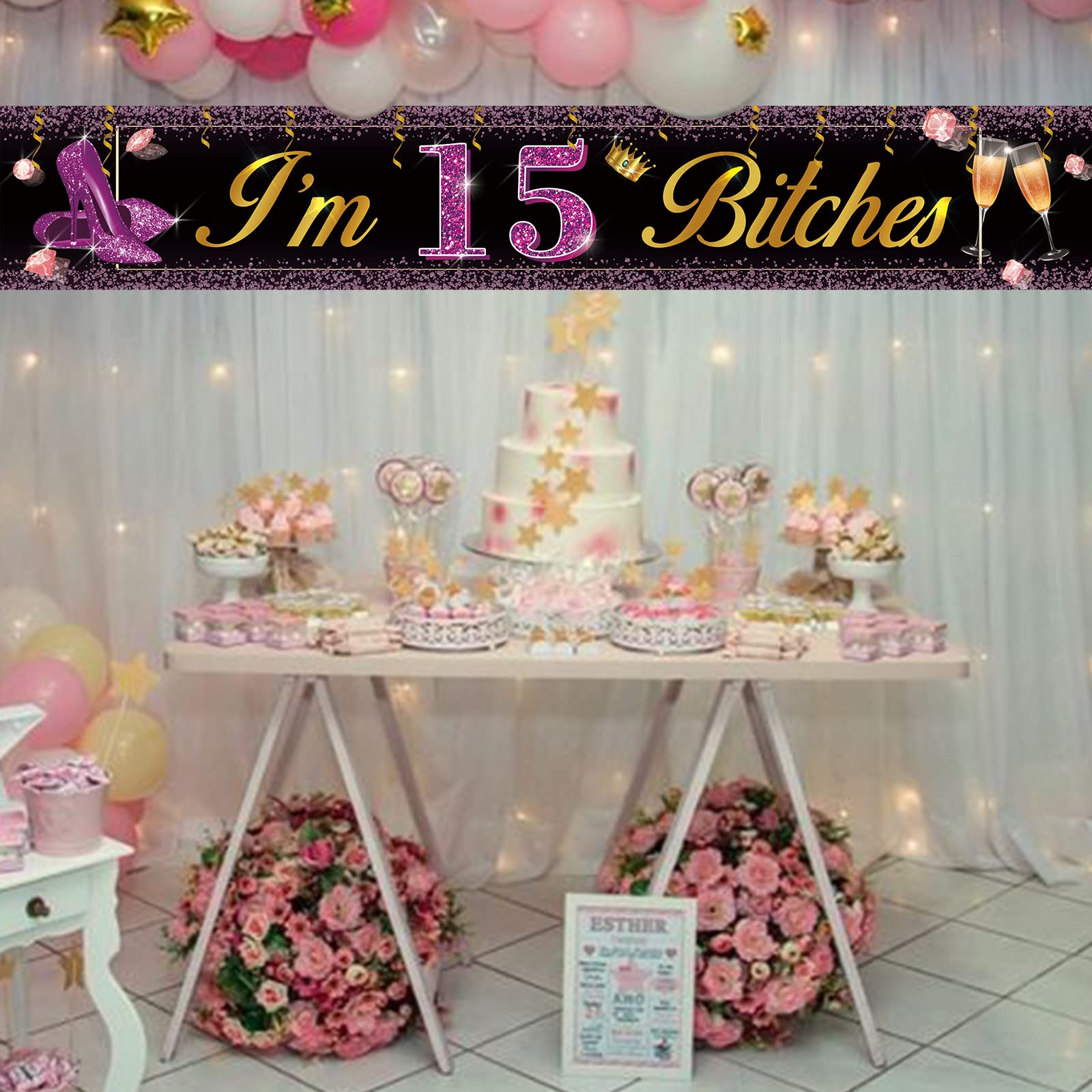 Funny 15th Birthday Banner - Large Purple & Gold 'I'm 15 Bitches' Party Sign for Girls | Sweet Sixteen Yard Decorations | Perfect for Birthday Parties, Backyard Celebrations & Teenage Milestone Events
