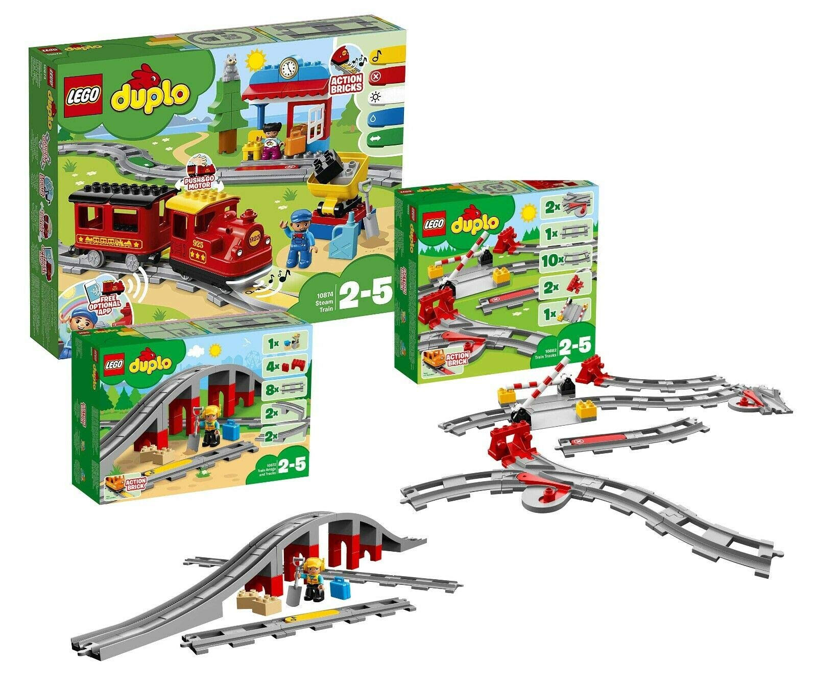 LEGO Duplo Steam Train Set (10874) with Railway Bridge (10872) & Tracks (10882) – Educational Building Blocks Toy for Toddlers – Perfect for Pretend Play & Early STEM Learning