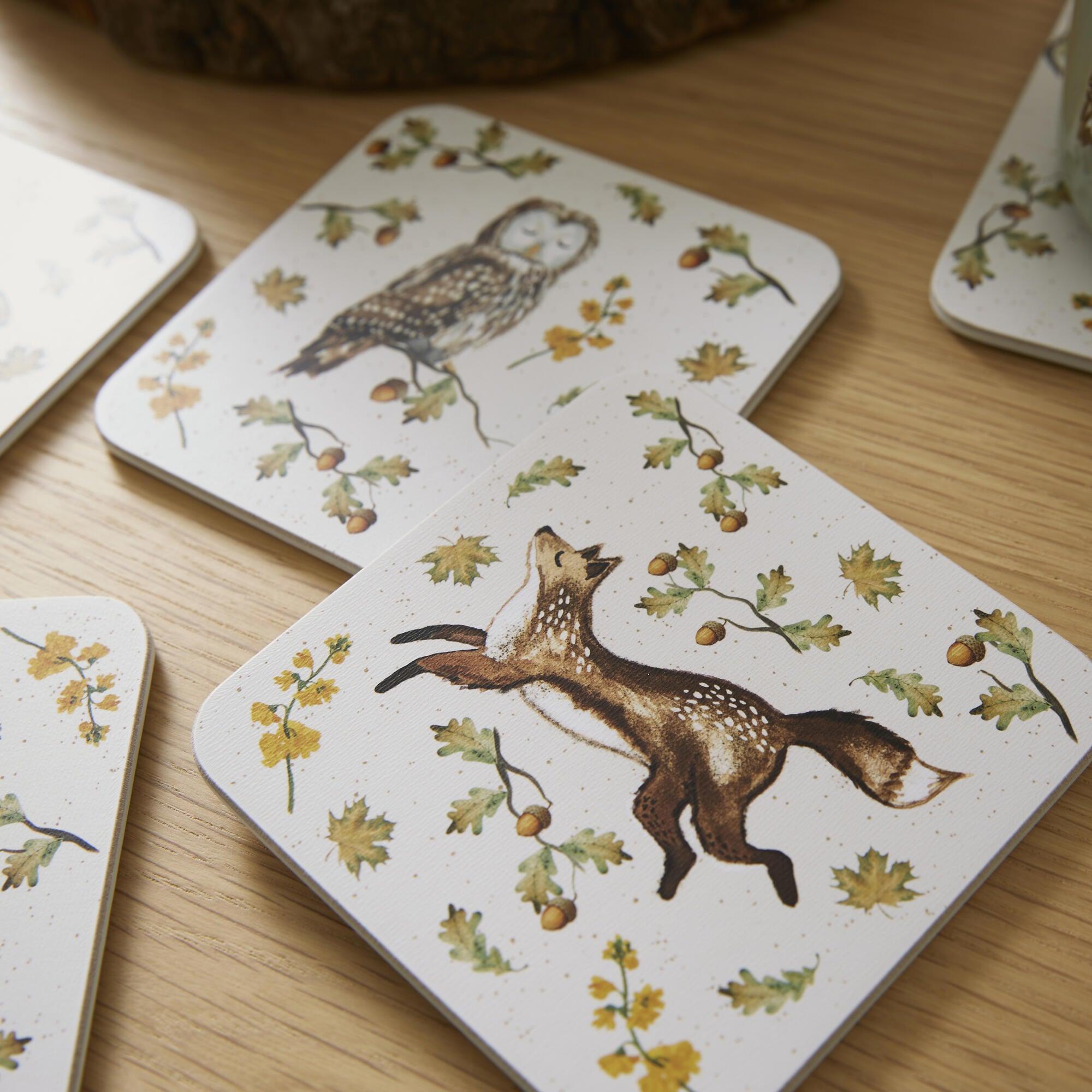 Forest Fable Set of 4 Absorbent Coasters - Waterproof Cork Backing for Coffee Tables, Dining Tables & Home Decor