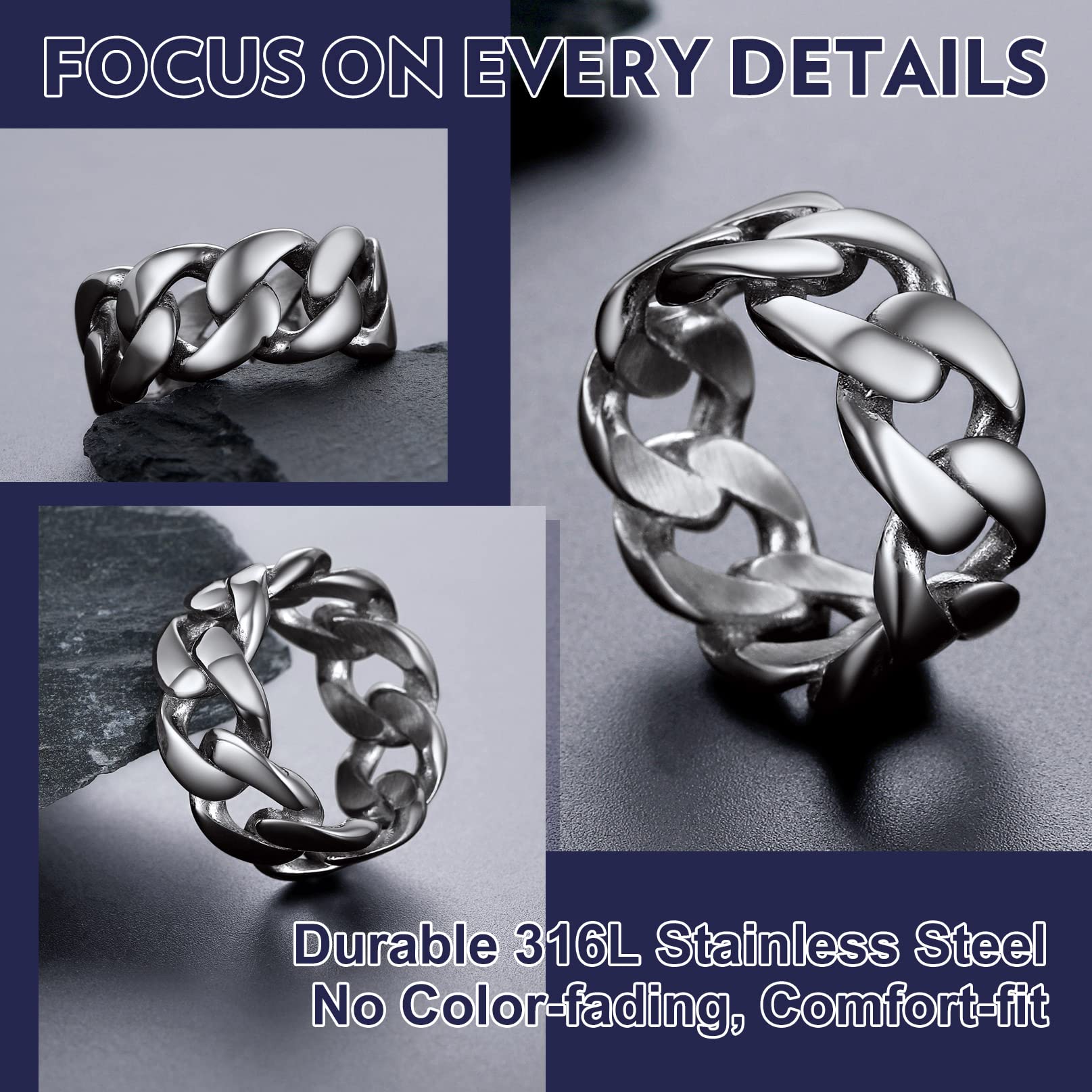 Bandmax Retro Biker Rings for Men & Women - Stainless Steel & Black Chain Link Rings, Celtic Knot & Skull Cuban Chain Couple Rings - Gift Packed - Perfect for Biker Gangs, Gothic Fashion & Anniversary Gifts