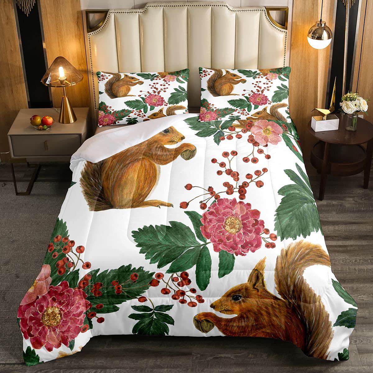 Feelyou Kids Squirrel Comforter Set - Cute Wild Animal Floral Bedding for Girls & Teens, Botanical Duvet Cover with Nature Design, 3-Piece Queen Size Bed Set | Perfect for Nursery, Teen Room & Cozy Bedroom Decor