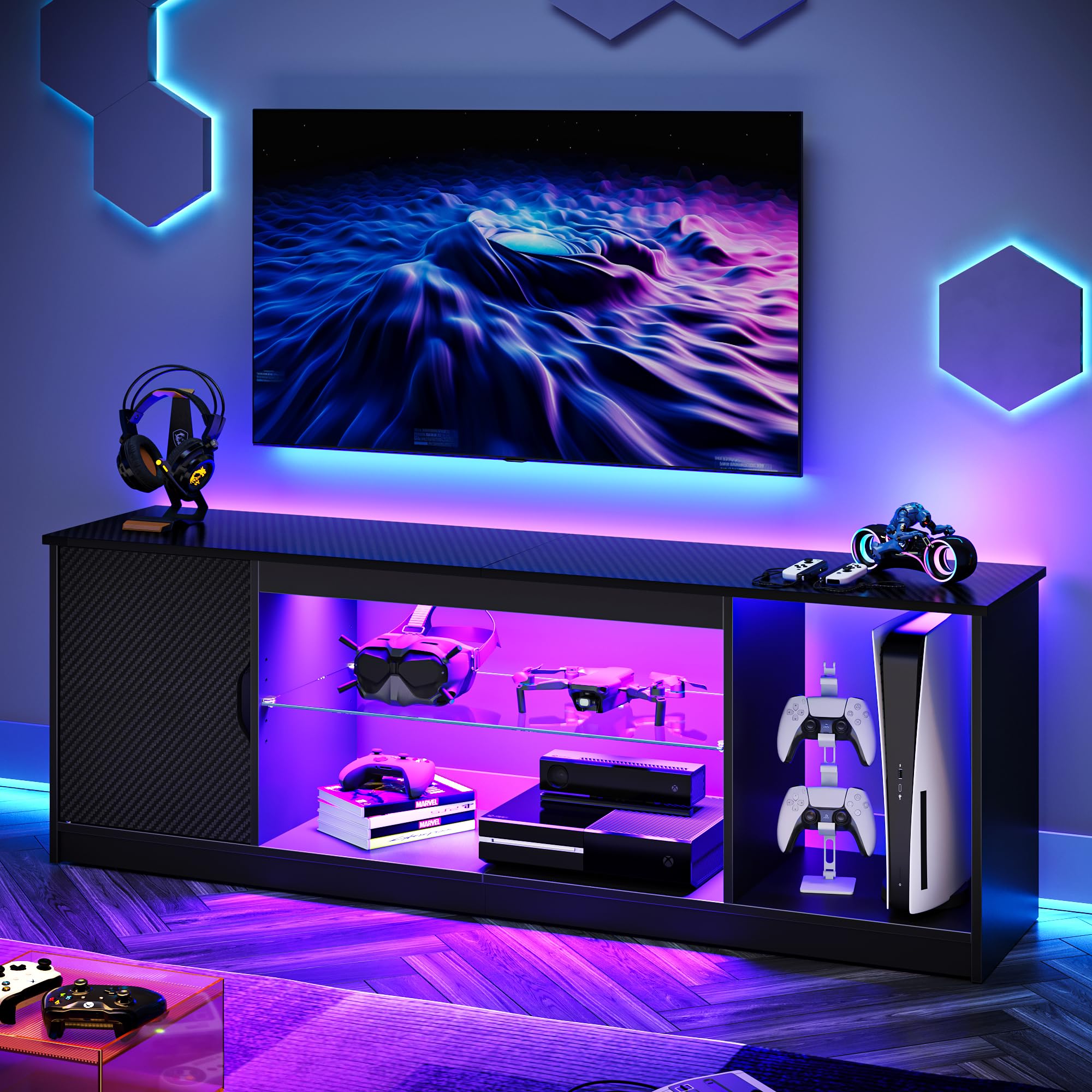 Bestier 57 Inch Modern LED TV Stand for 55/60/65 Inch TVs - Gaming Entertainment Center with Storage Cabinet for PS5, Xbox & Media Devices - Adjustable Glass Shelves TV Console for Living Room & Bedroom - Perfect for Home Theater Setup & Gaming Stations (Black)