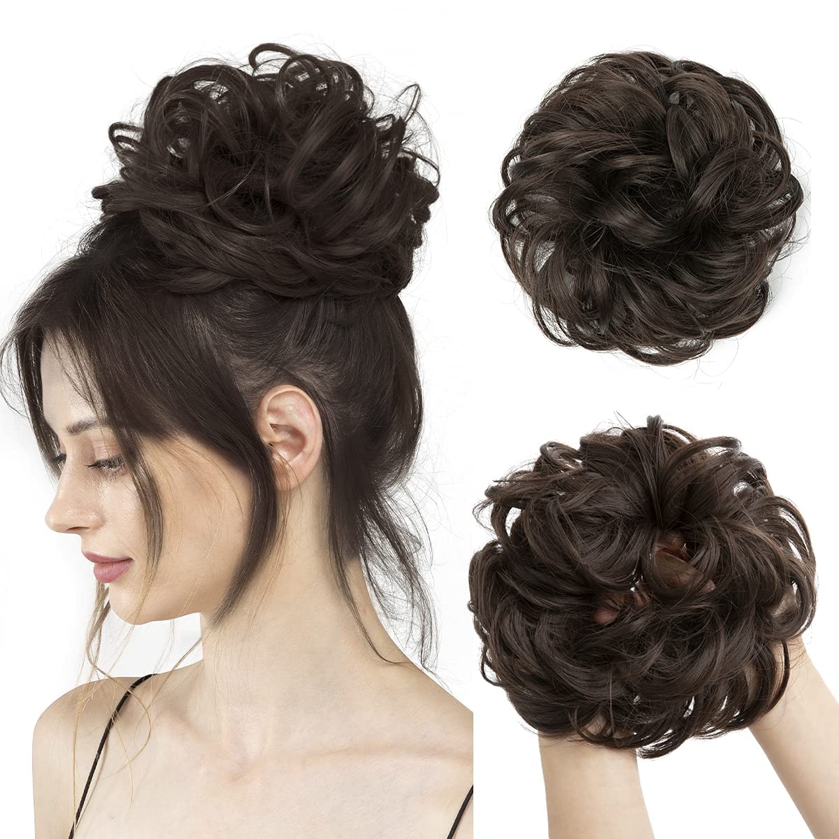 VSAKSH Dark Brown Wavy Curly Messy Bun Hair Piece - Large Synthetic Hair Bun Scrunchies Extensions for Women & Girls - Perfect for Updos, Cosplay, and Everyday Hairstyles