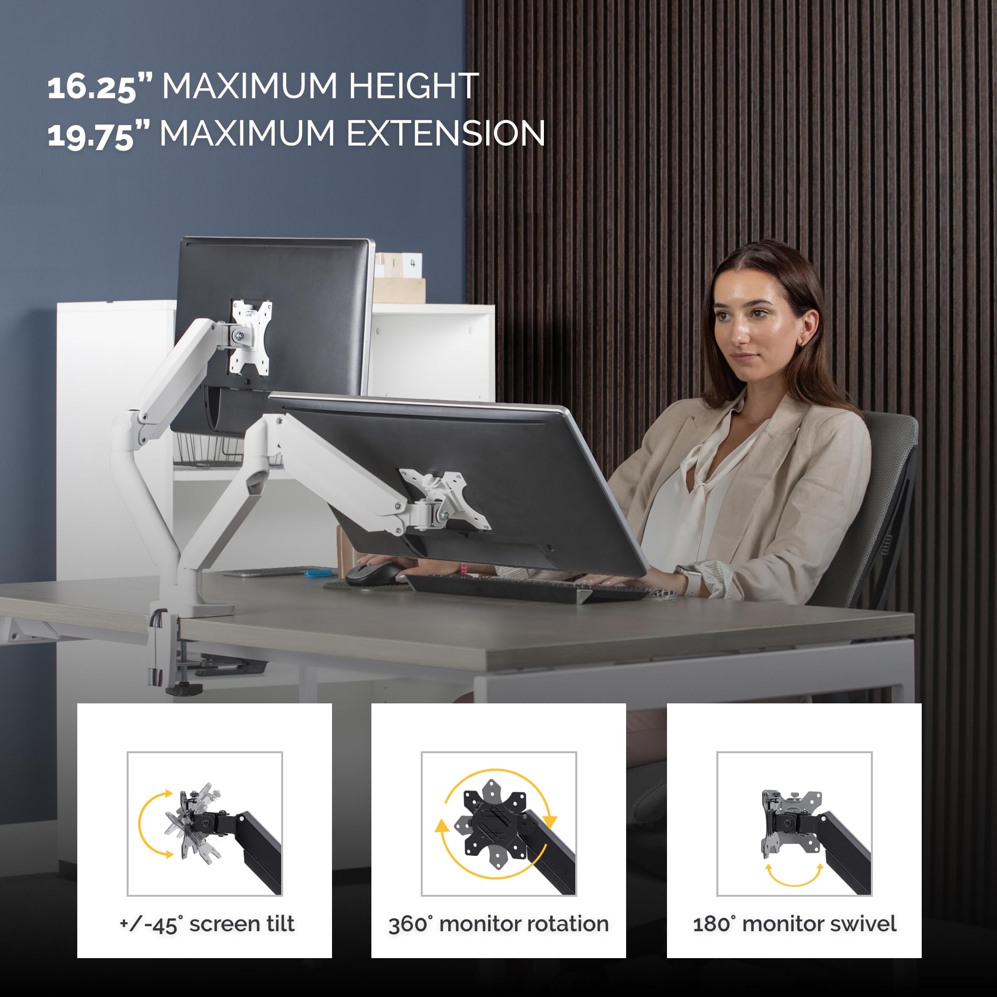 Fellowes Platinum Series Dual Monitor Arm - Ergonomic Adjustable Desk Mount for Two 32 Inch Screens up to 8KG - 45° Tilt & 360° Swivel Rotation - VESA 75x75/100x100 Compatible - White - Perfect for Home Office & Gaming Setup