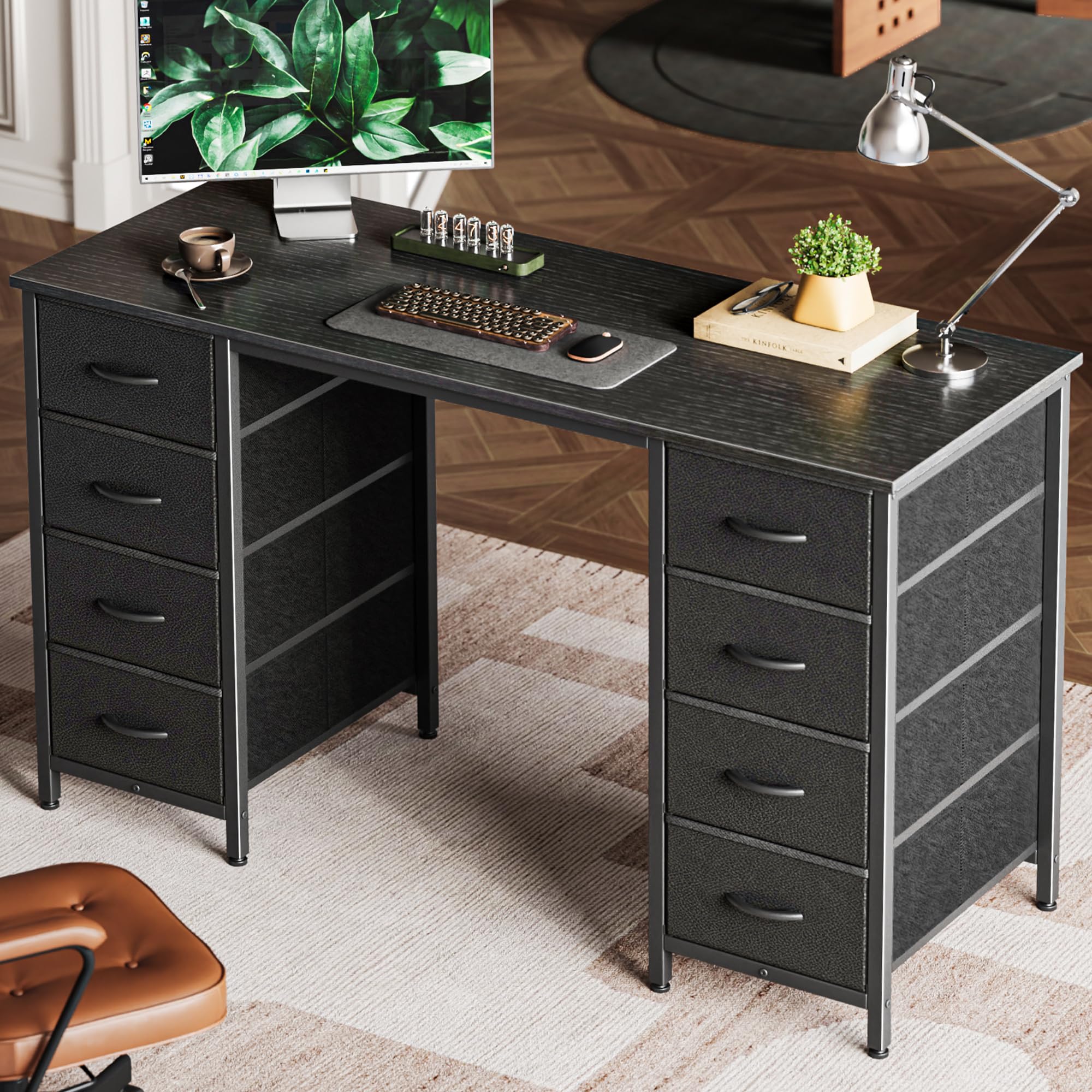 Huuger 47 Inch Computer Desk with 8 Fabric Drawers - Black Home Office Desk for Work, Study & Gaming | Spacious Storage Workstation for Small Spaces & Dorm Rooms | Ergonomic Writing Desk for Professionals & Students