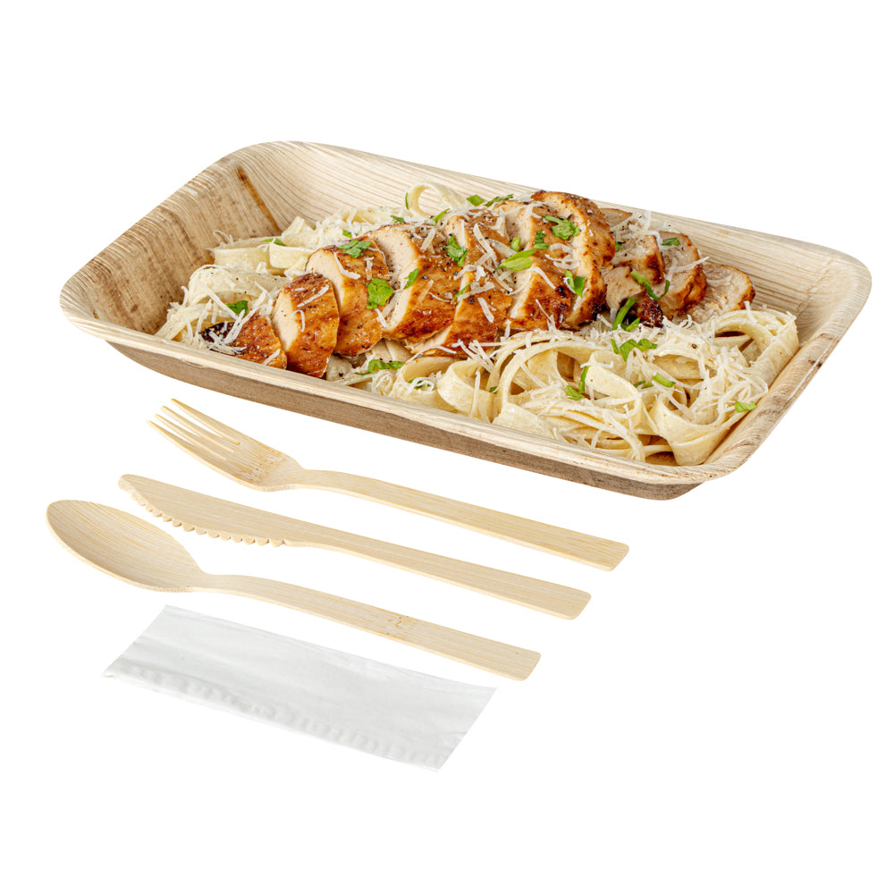Eco-Friendly Bamboo Disposable Cutlery Set with White Napkins & Kraft Paper Pouch - 500 Count (7-Piece Set) | Perfect for Parties, Picnics, Catering & Sustainable Events