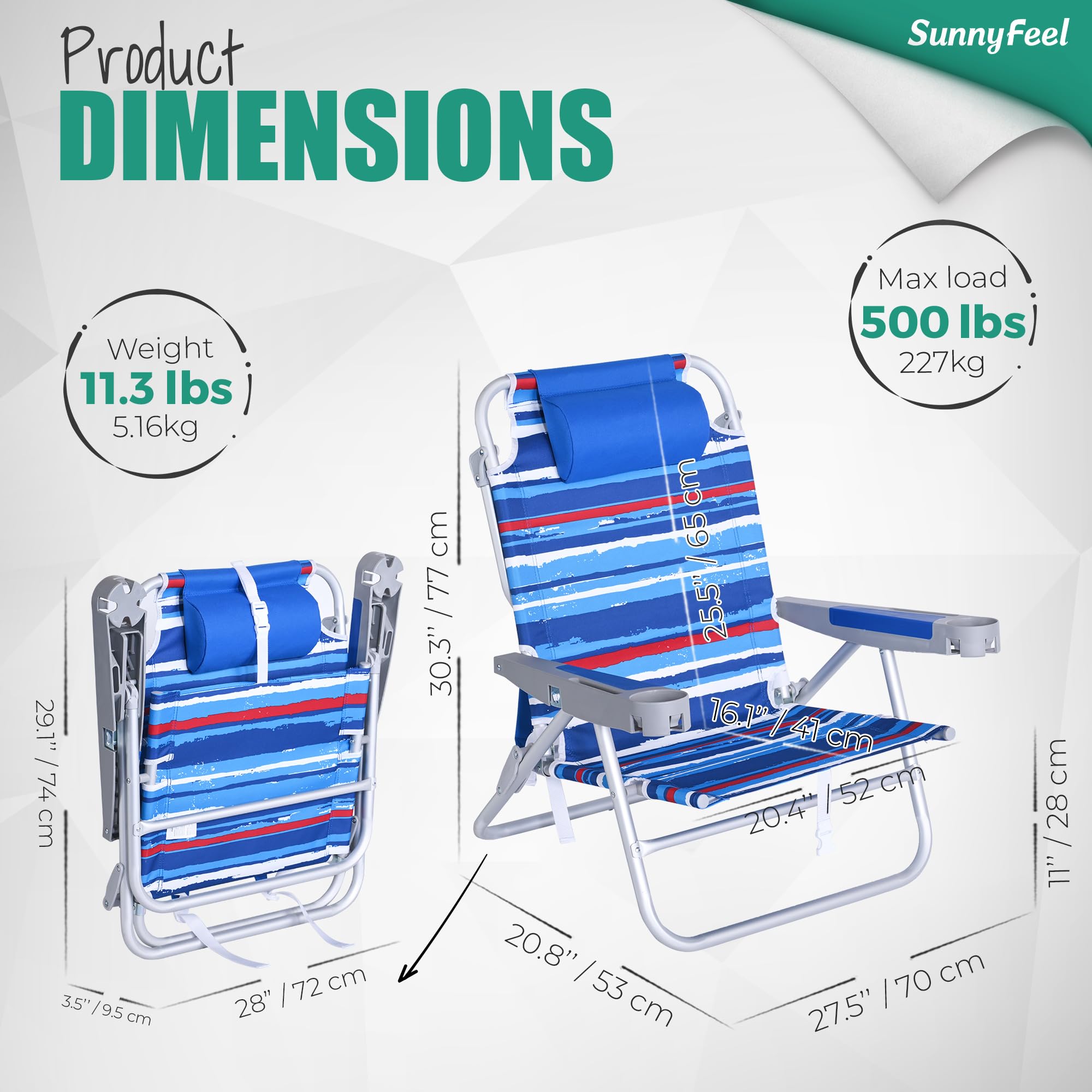 Extra Wide Low Beach Chair 2 Pack - Heavy Duty 500lbs Capacity, 5-Position Reclining Folding Camping Chairs with Cup Holder & Carry Strap - Portable Backpack Design for Adults, Perfect for Beach, Backyard, Poolside, Picnics & Outdoor Relaxation