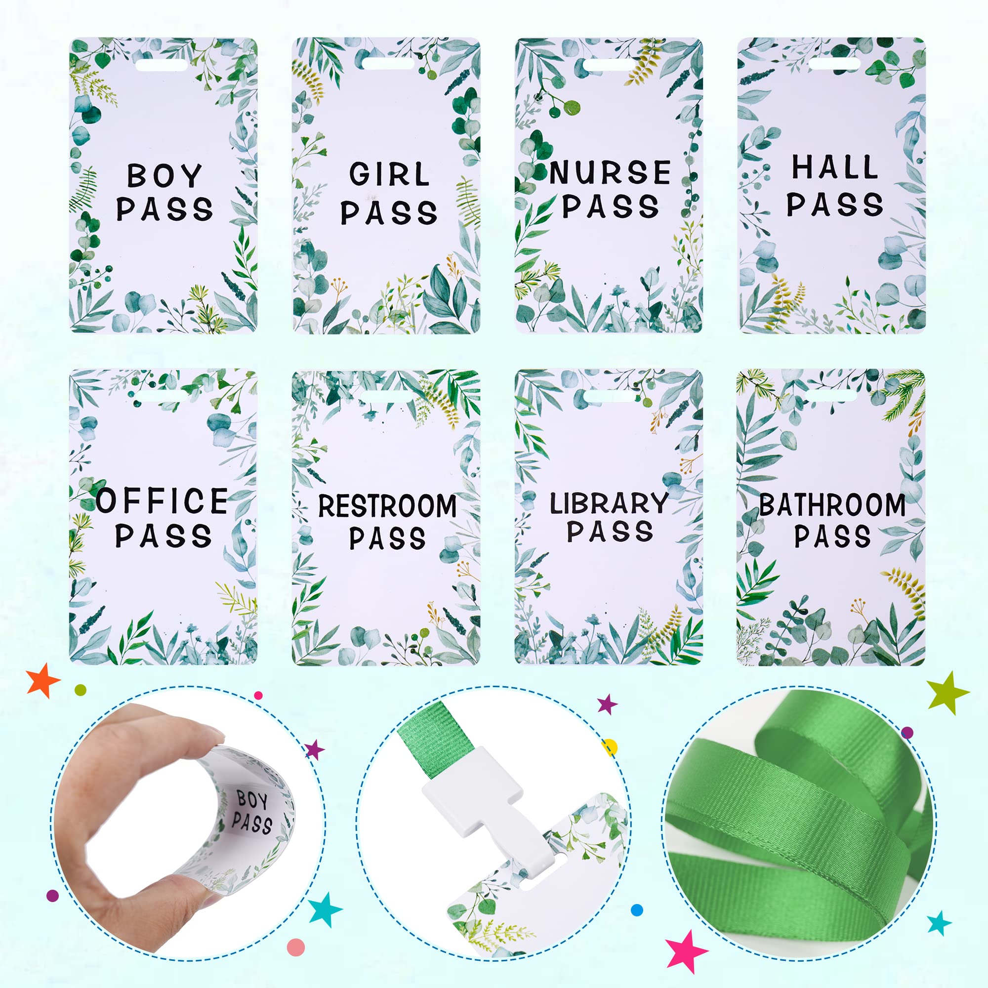 48pc Eucalyptus Hall Pass Lanyards Set for School - Nurse, Restroom, Office, Library Accessories