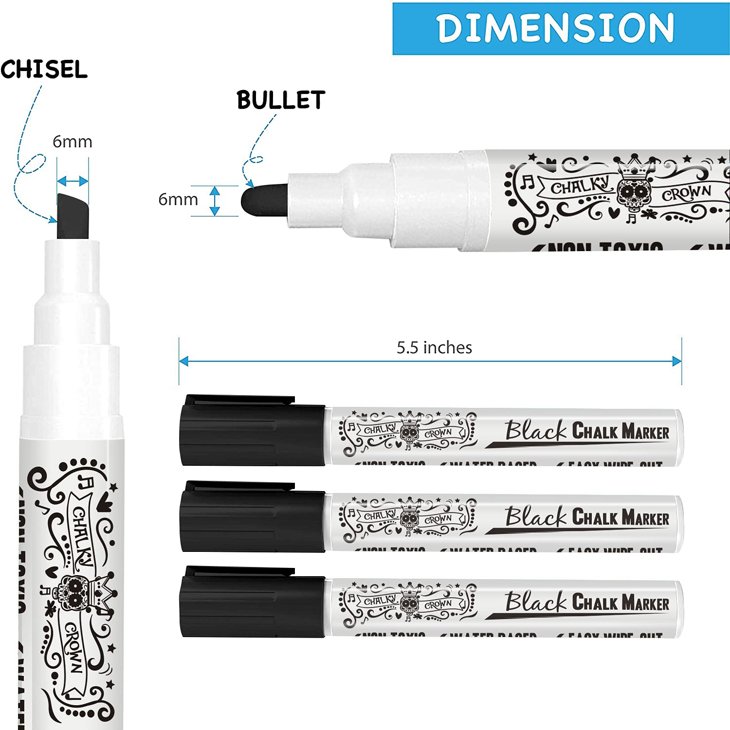 CHALKY CROWN Liquid Chalk Markers 5 Pack - Dry Erase Markers for Chalkboard, Blackboard, Glass & Windows - 6mm Reversible Tip Non-Toxic Markers - Perfect for Restaurants, Cafes, Retail Signs & Classroom Whiteboards (Black)