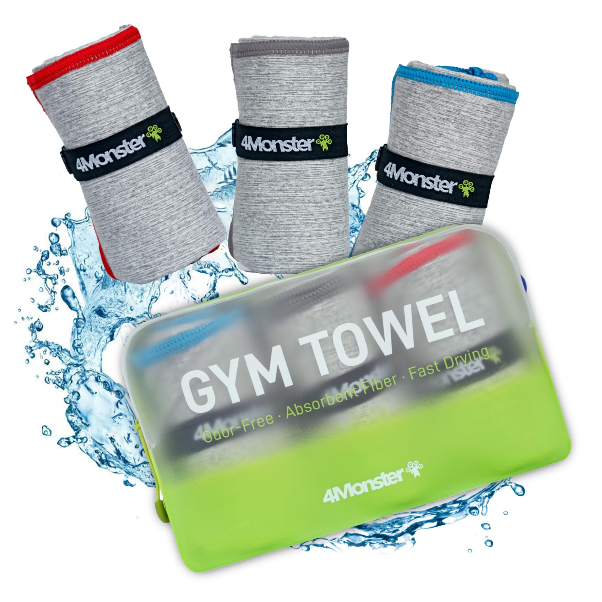 4Monster Quick-Dry Microfiber Gym & Workout Towel Set with Wet Bag - Ultra Soft, Absorbent for Body Sweat - Perfect for Travel, Camping, Beach, Pool & Shower (3-Pack, Blue/Gray/Red) - Ideal for Fitness Enthusiasts, Swimmers & Outdoor Adventures