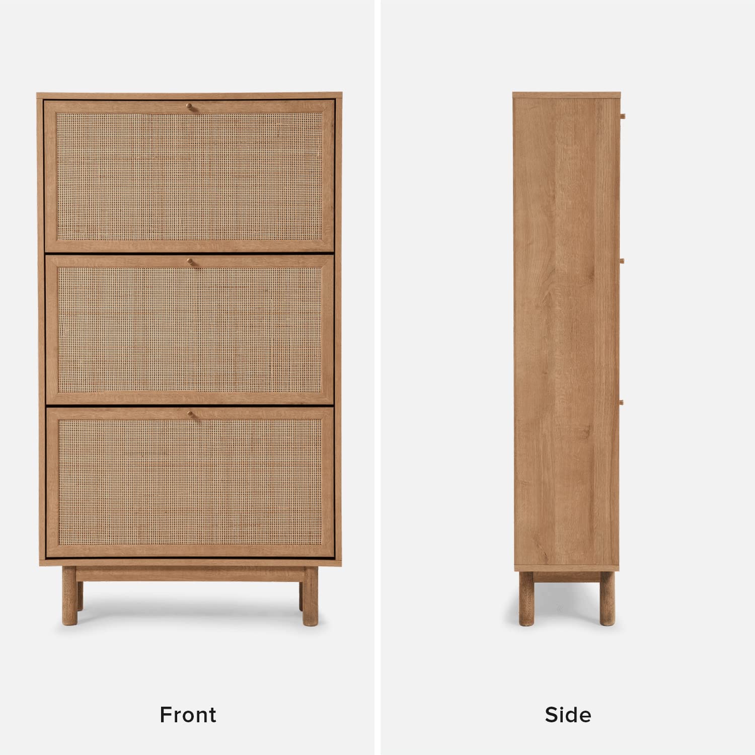 Mopio Hannah Shoe Cabinet - Natural Rattan Farmhouse Entryway Storage Organizer with 3 Doors & Shelves, Solid Wood Legs (Riviera Oak) - Perfect for Hallway, Mudroom, or Closet Organization