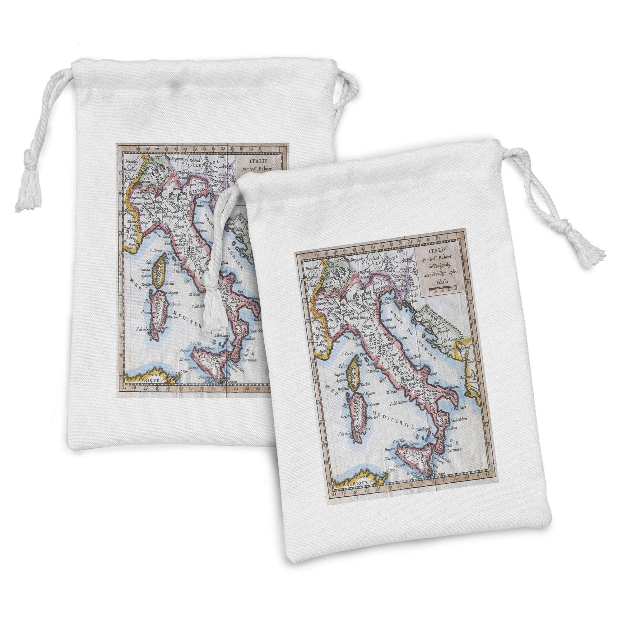 Ambesonne Vintage Italy Map Print Fabric Pouch Set of 2 - Retro Travel Design Drawstring Bags for Toiletries, Masks & Favors (9
