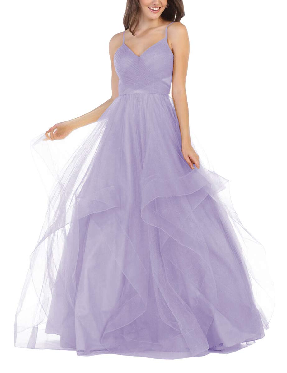 Elegant Lavender V-Neck Sequin Tulle Prom Dress with Spaghetti Straps | Formal Wedding Ball Gown for Homecoming, Quinceañera & Special Occasions