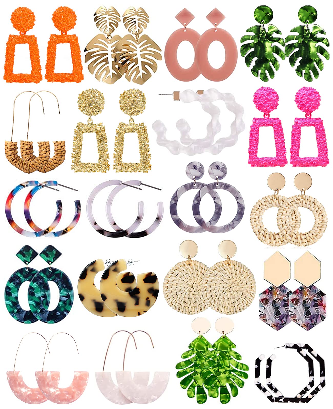 FIFATA 20 Pairs Bohemian Rattan Hoop Earrings for Women - Acrylic Drop Dangle Statement Earrings, Mottled Resin Fashion Jewelry | Perfect for Parties, Weddings & Boho Outfits