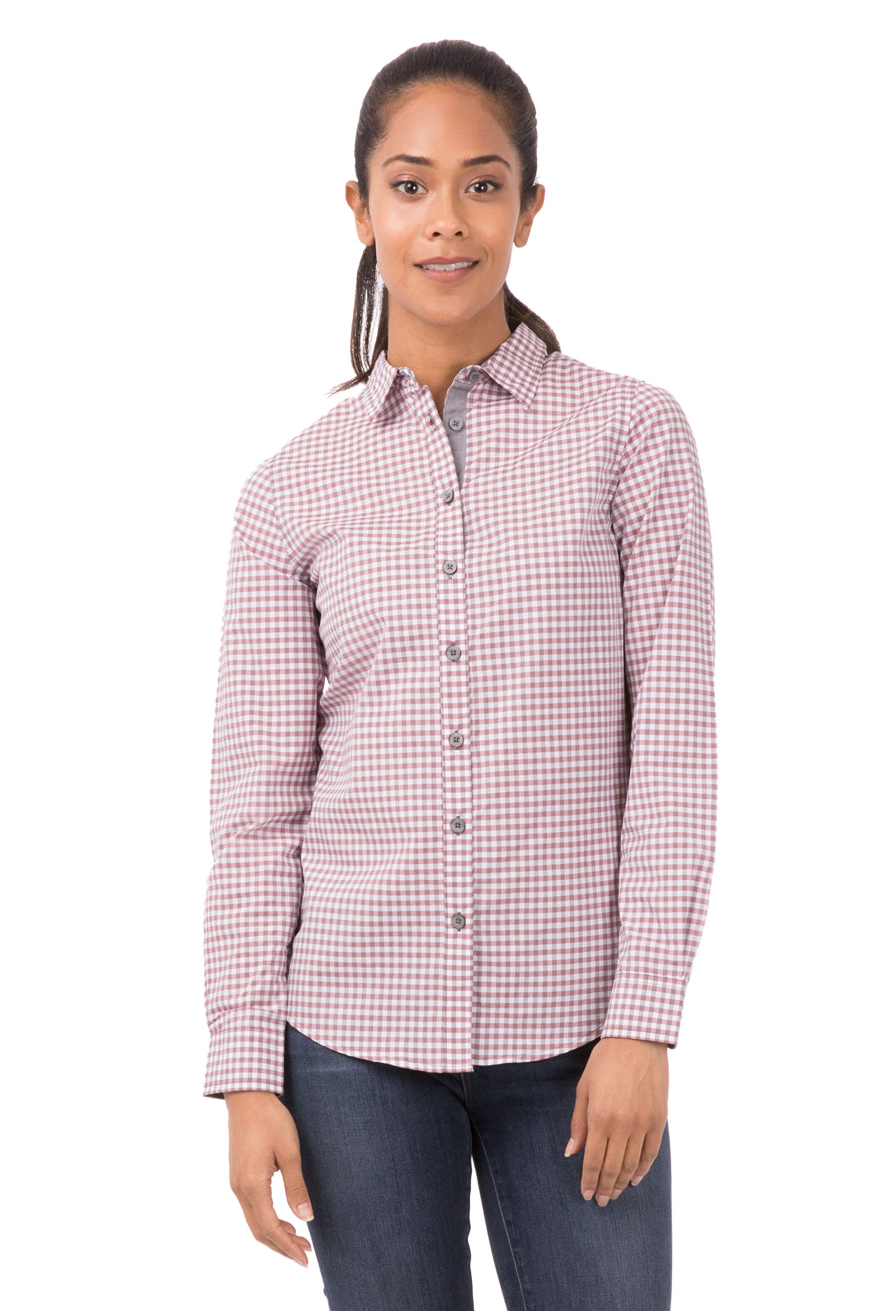 Chef Works Women's Custom Embroidered Modern Gingham Long Sleeve Dress Shirt - Professional Kitchen Uniform & Stylish Office Wear