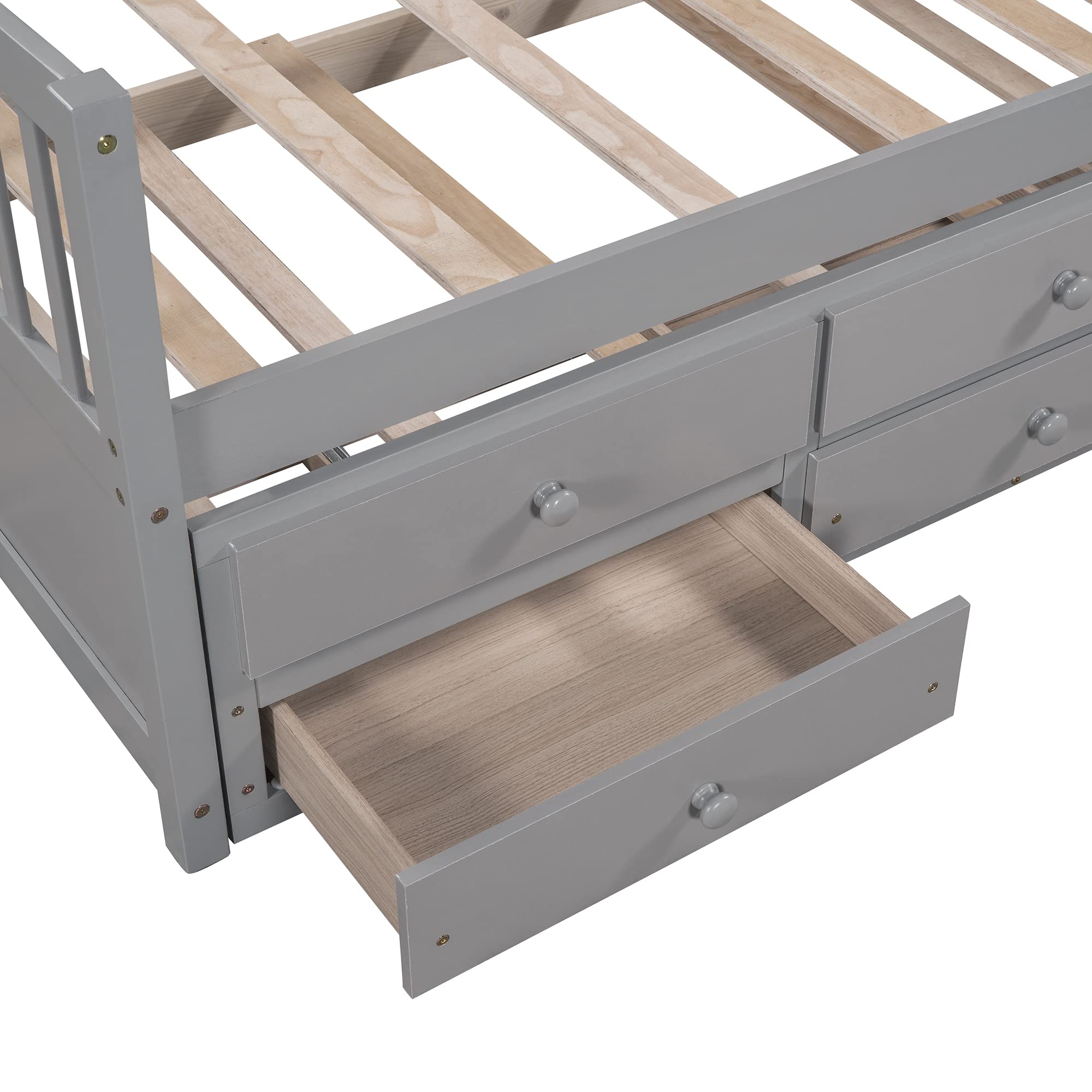 Twin Size Daybed with Trundle - Pinewood Platform Bed Frame with 3 Storage Drawers, Convertible Sofa Bed for Kids & Teens Bedroom - Space Saving Gray Furniture for Guest Room, Dorm or Small Spaces