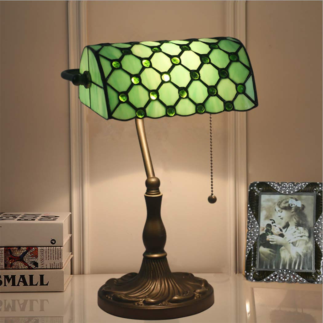 10 Inch Tiffany Style Stained Glass Banker Desk Lamp - Green Zinc Alloy Base with Pull Cord Switch - Perfect for Office, Bedroom, Study & Reading Nook