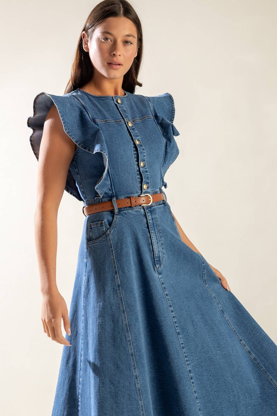 Indigo Ruffle Sleeve Denim Midi Dress for Women - Stylish Casual & Party Wear - Perfect for Date Nights, Brunch, and Summer Outings