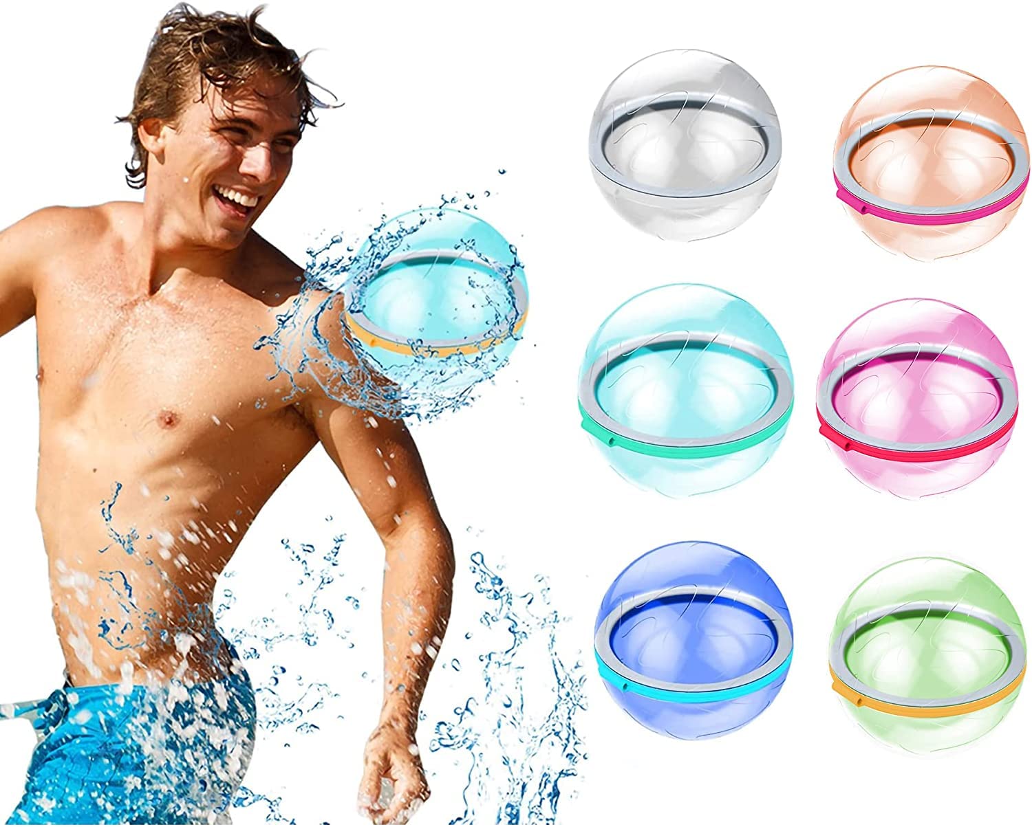 6 Pack Reusable Water Balloons - Quick Fill Self Sealing Refillable Water Balls for Kids, Rapid Filling Easy Tie Water Bombs for Outdoor Summer Water Fights, Pool Parties & Backyard Games