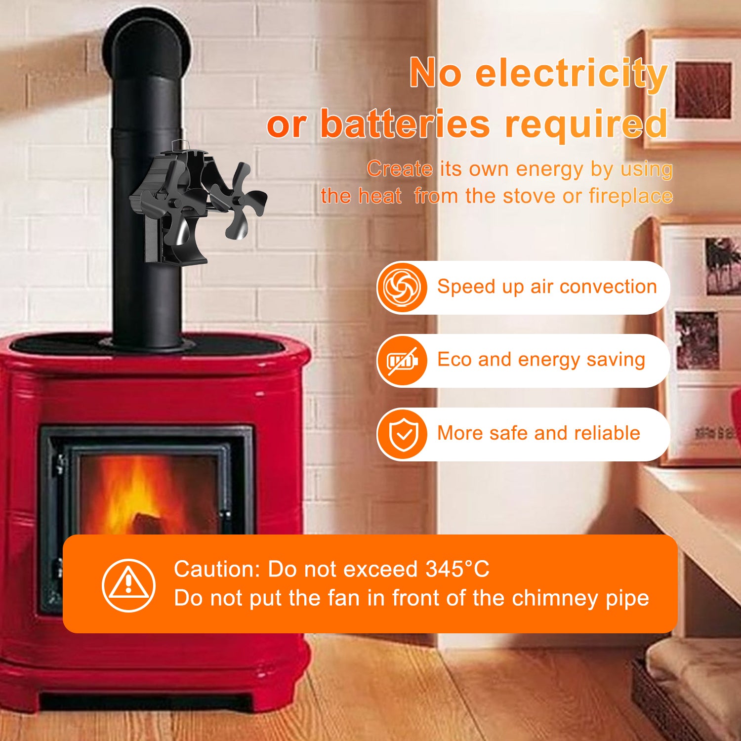 VODA Magnetic Wood Stove Fan - 3 in 1 No Power Required for Fireplace, Wood Stove & Stove Pipe - Perfect for Heating Efficiency & Home Comfort