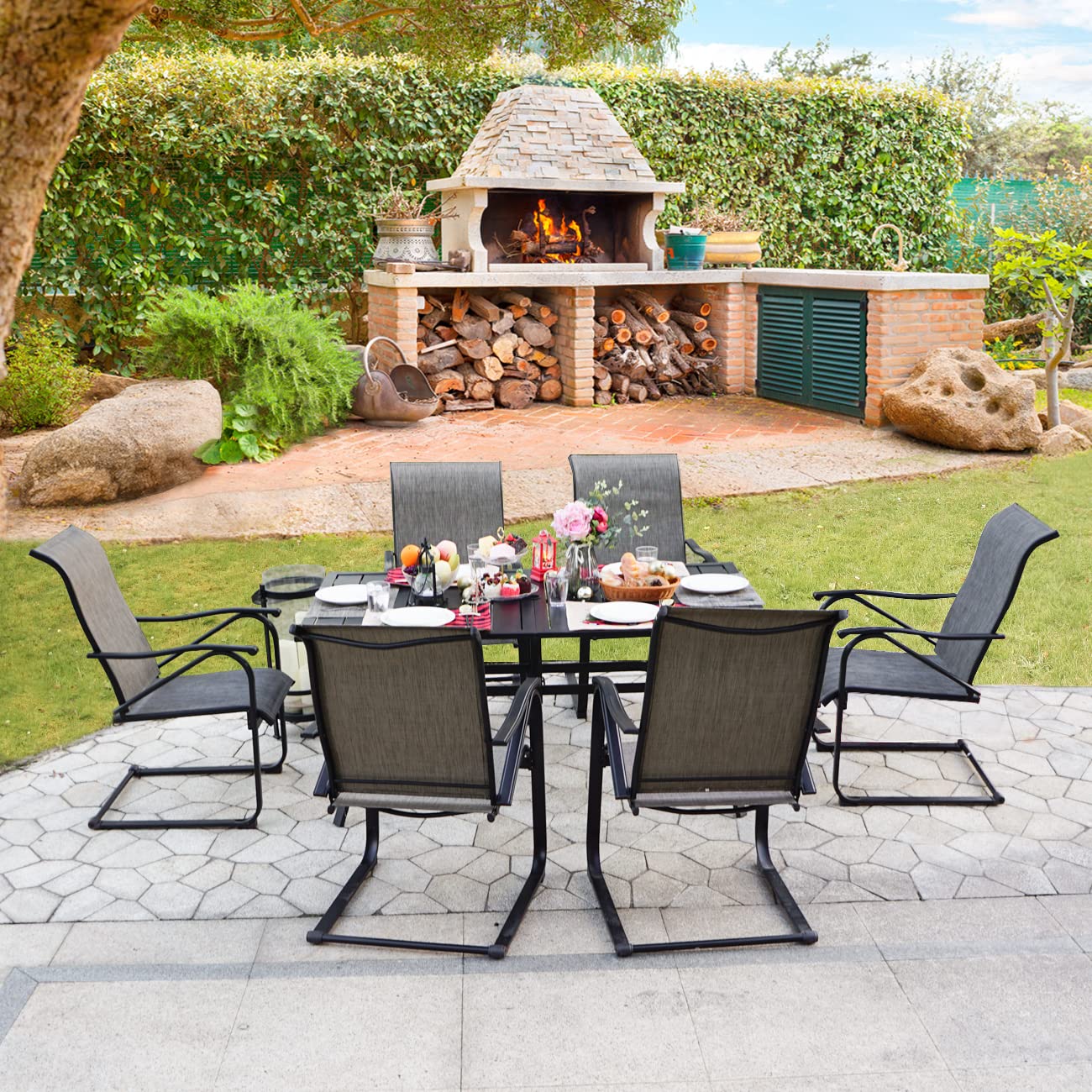 MEOOEM 7-Piece Outdoor Patio Dining Set - 6 Spring Motion Chairs & Metal Rectangle Table with 1.57