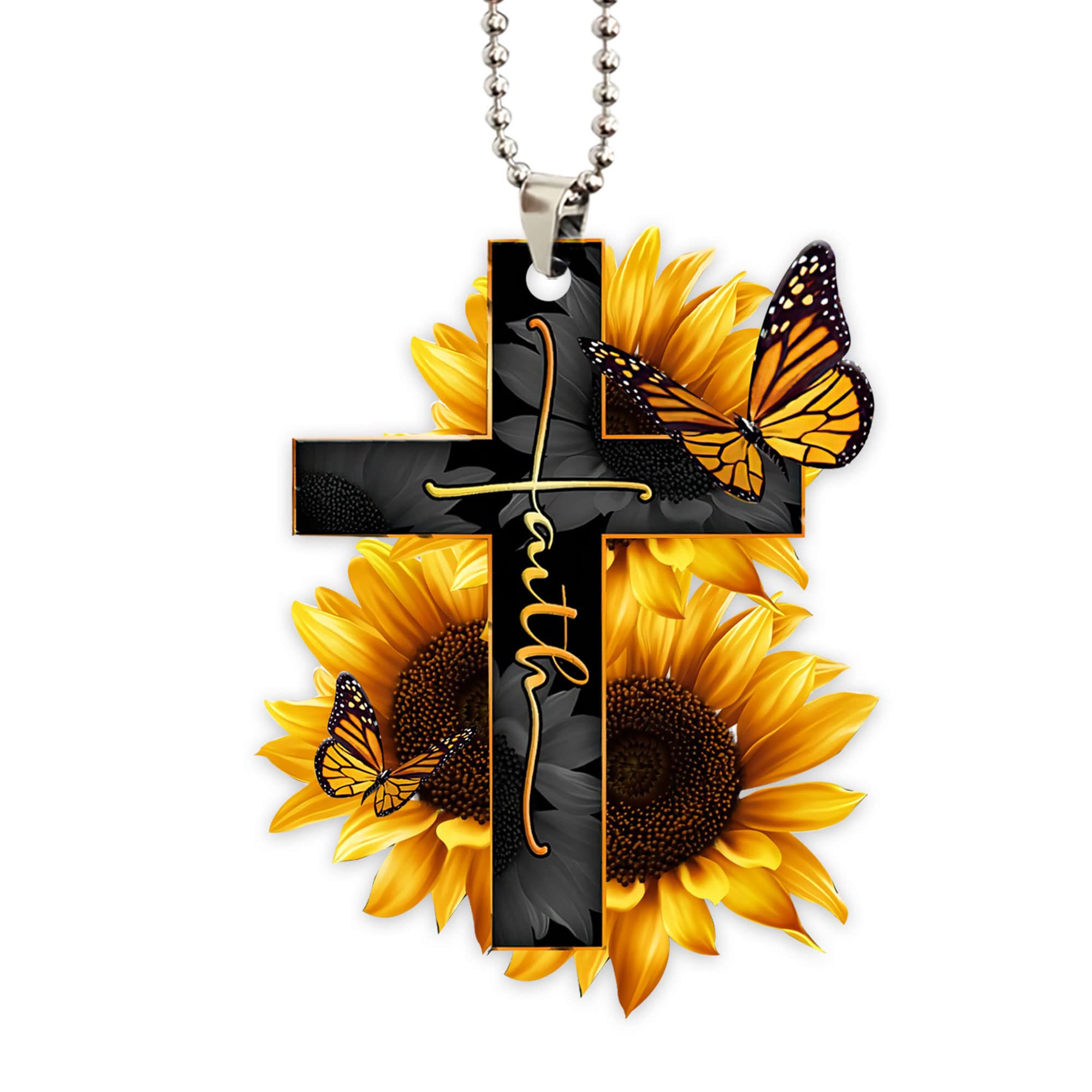 Faith Sunflower God Jesus Cross Christian Butterfly 2D Flat Car Rearview Mirror Pendant - Religious Car Accessory Decor for Christmas Tree Ornament, Interior Hanging Charm - Perfect Gift for Christian Believers & Car Enthusiasts