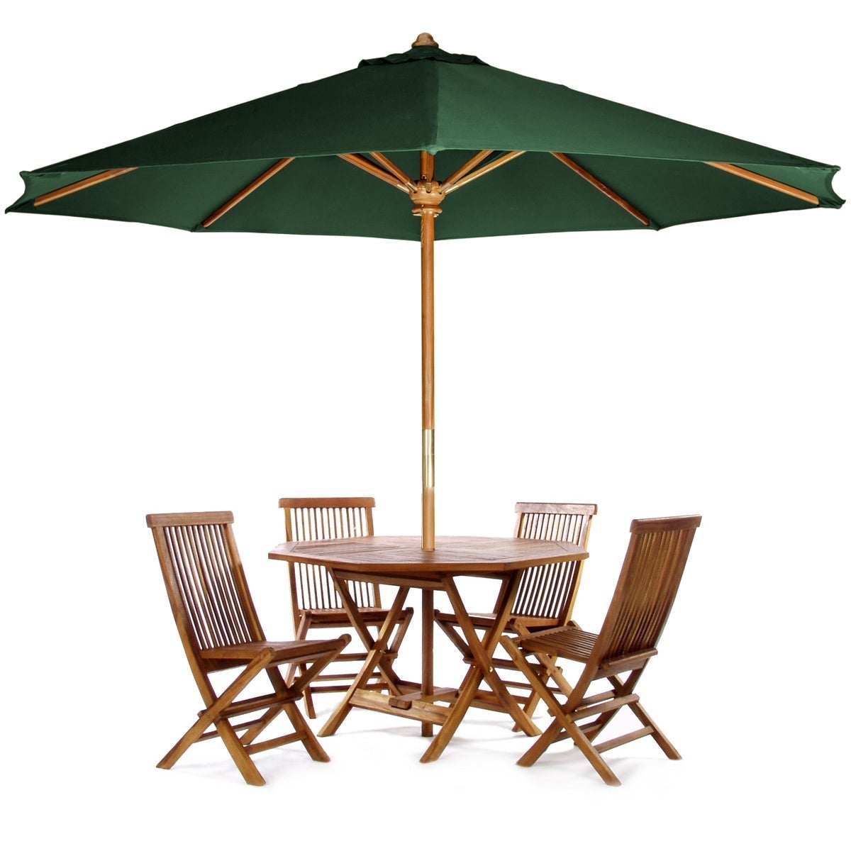 All Things Cedar 6-Piece 4-Foot Teak Octagon Folding Table Set with Umbrella - Perfect for Outdoor Dining, Patio Parties & Garden Gatherings