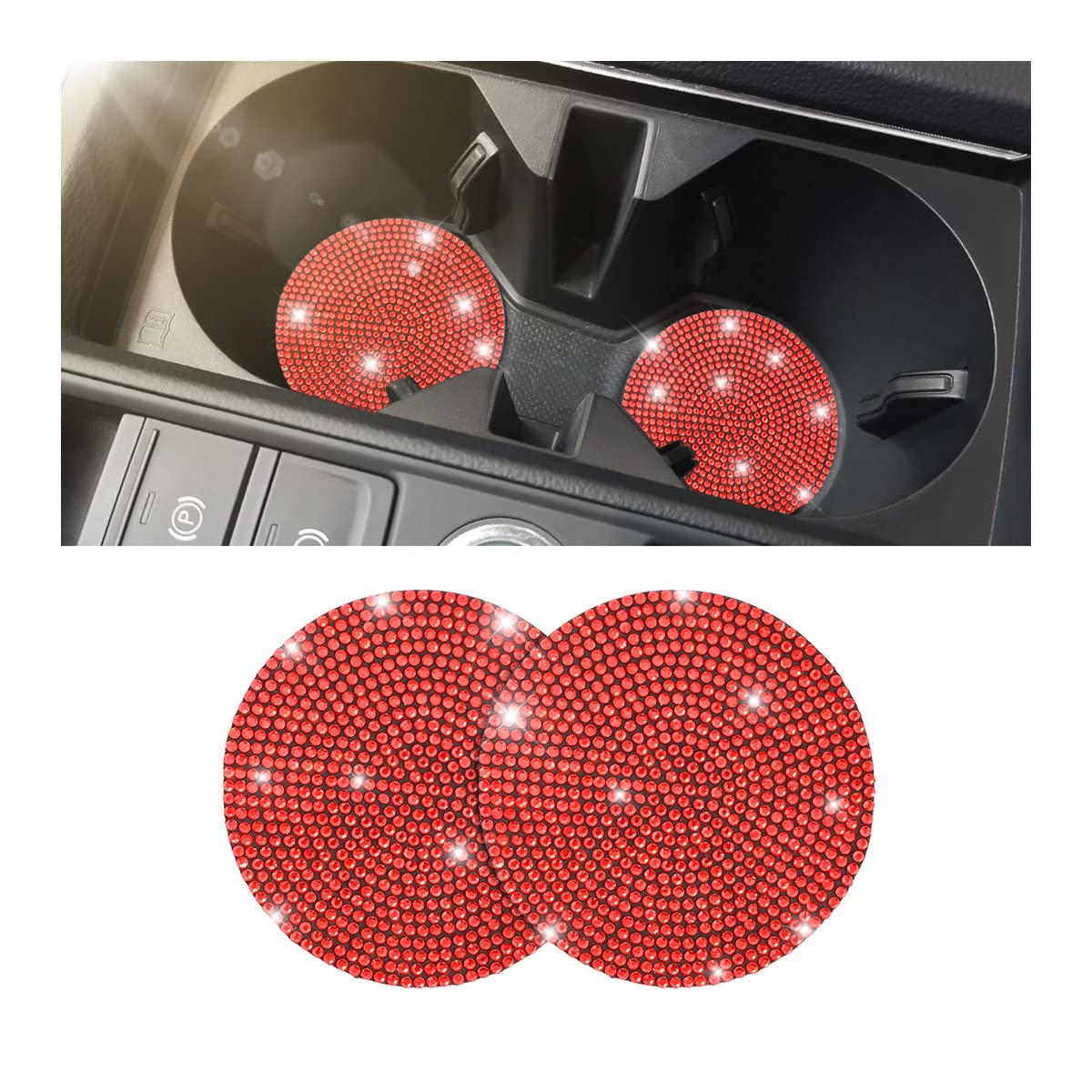 2PCS Handcrafted Rhinestone Crystal Cup Holder Coasters - Non-Slip Universal Car Accessories for Cars, SUVs, Trucks | Elegant Home & Office Drink Coasters for Women & Men (Red) - Perfect for Daily Commute, Road Trips & Interior Decor