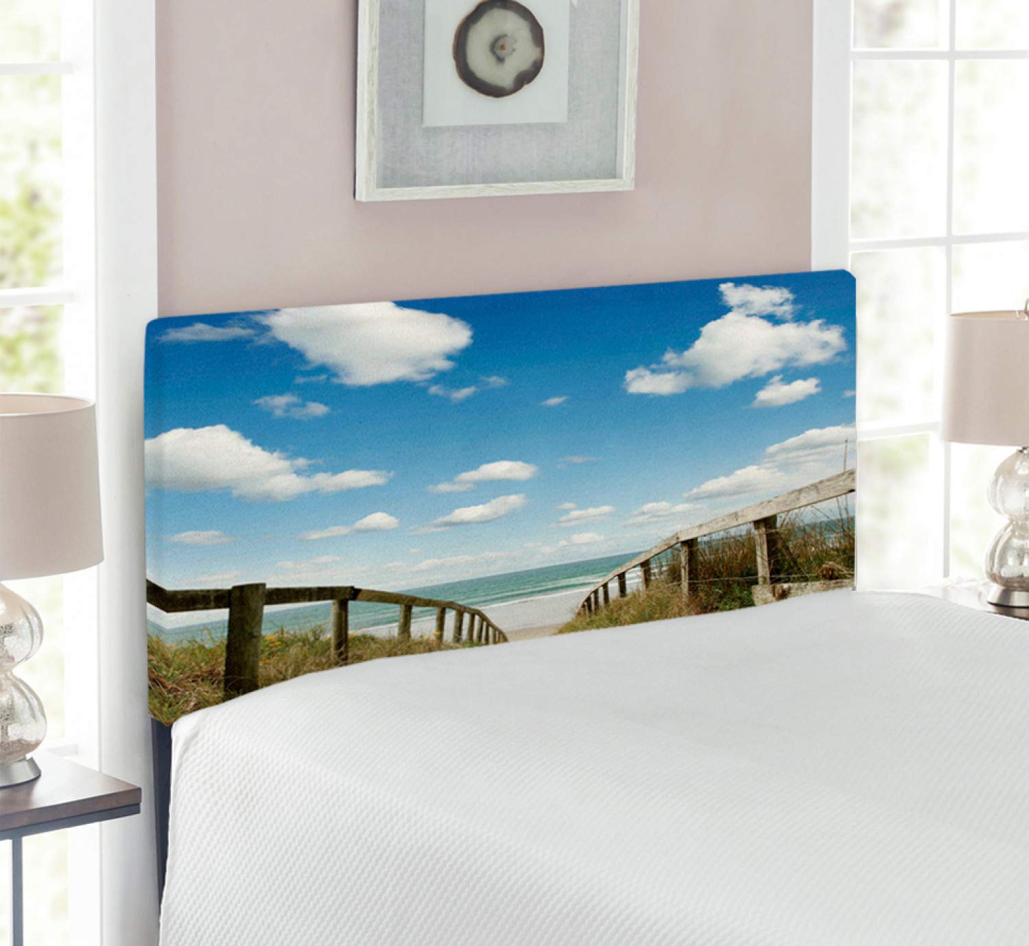 Lunarable Twin Size Upholstered Beach Headboard - Sandy Path Ocean View with Puffy Clouds, Decorative Metal Bed Headboard with Memory Foam in Cream Blue White | Perfect for Coastal Bedroom Decor, Vacation Home, or Relaxing Beach-Themed Retreat