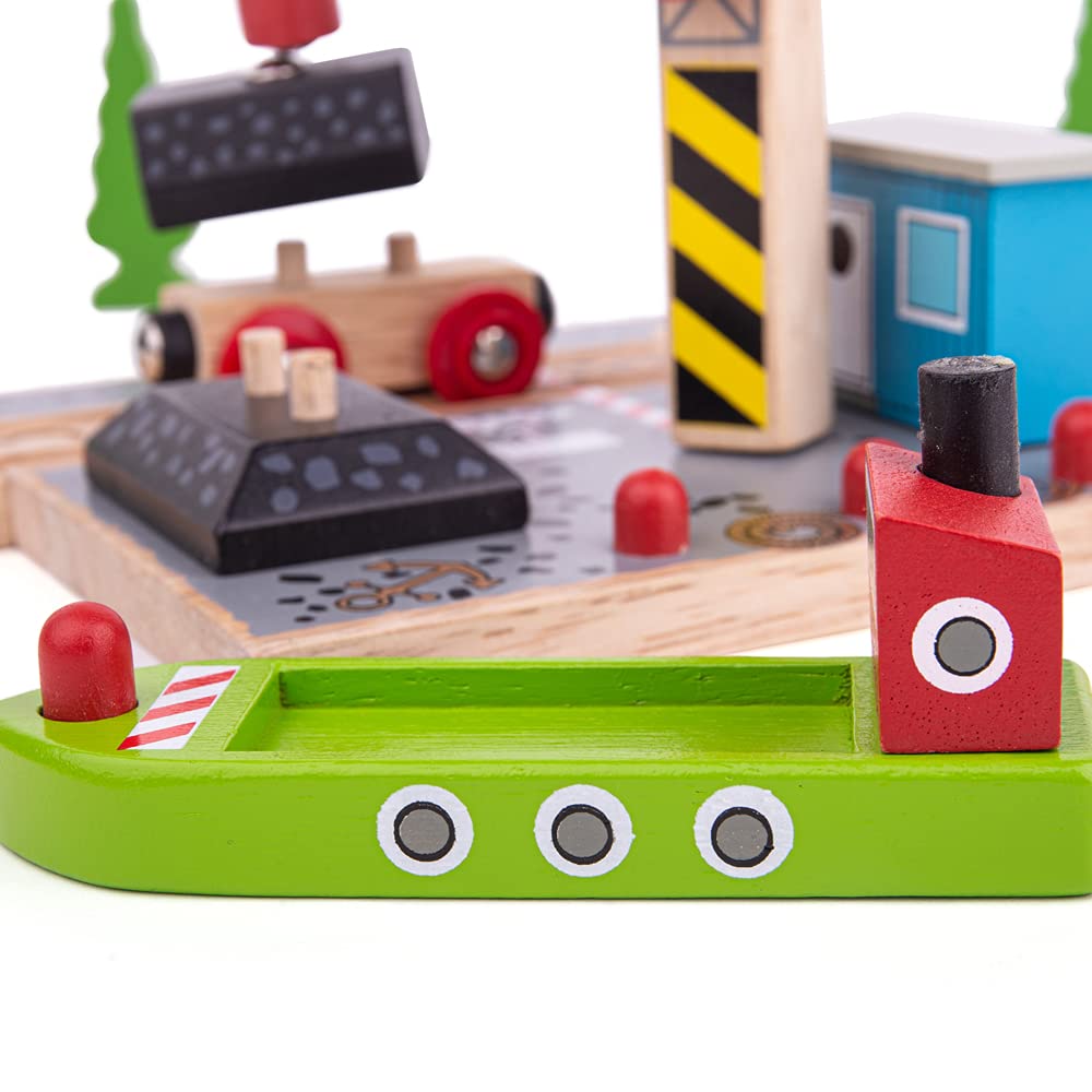 Bigjigs Rail Coal Canal Docks Wooden Train Track Accessories Set with Working Crane - Compatible with Kids Train Sets | Perfect for Imaginative Play & Wooden Railway Layouts
